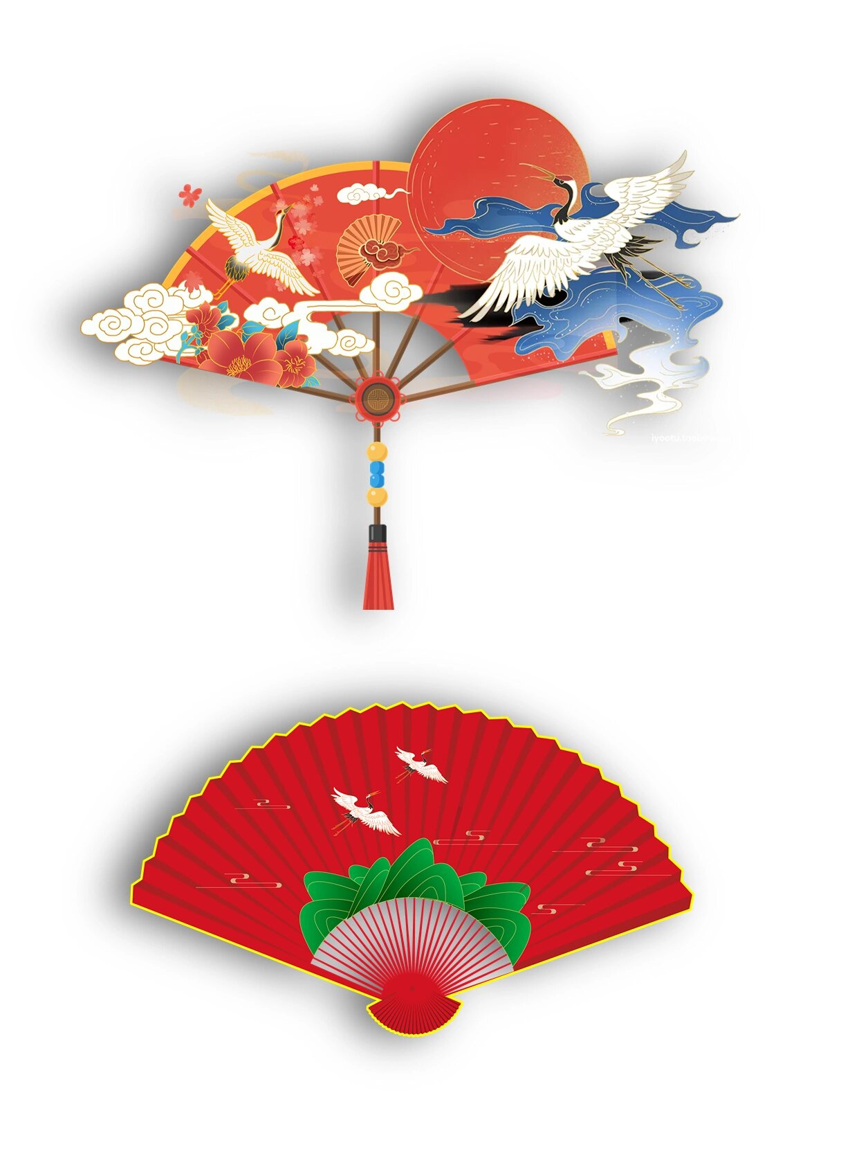 94中国风|国潮插画红色扇子png素材分享