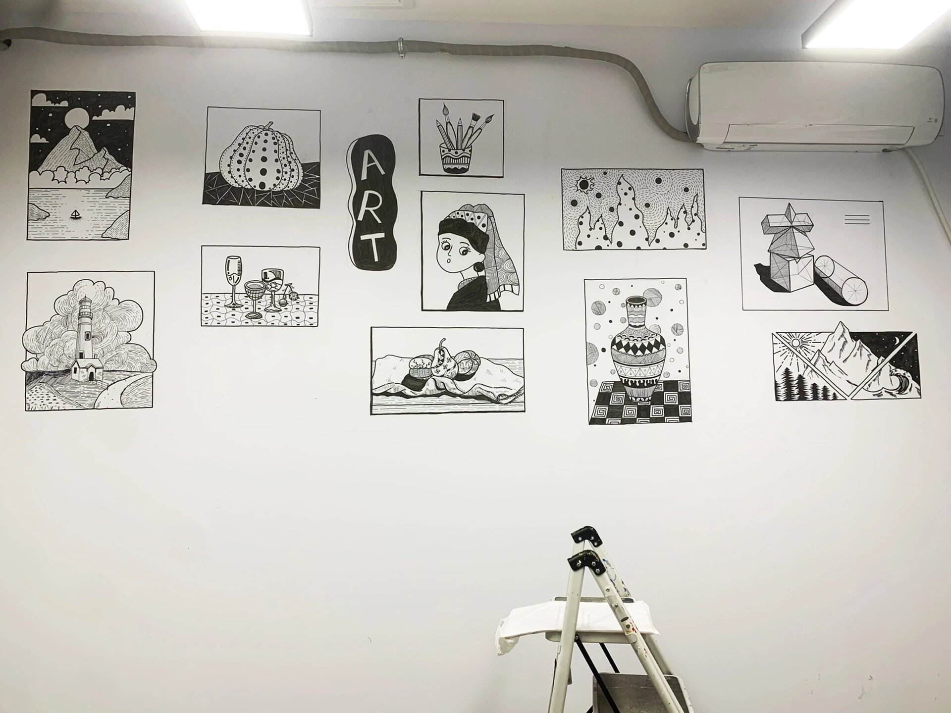 素描教室墙绘～～黑白线描
