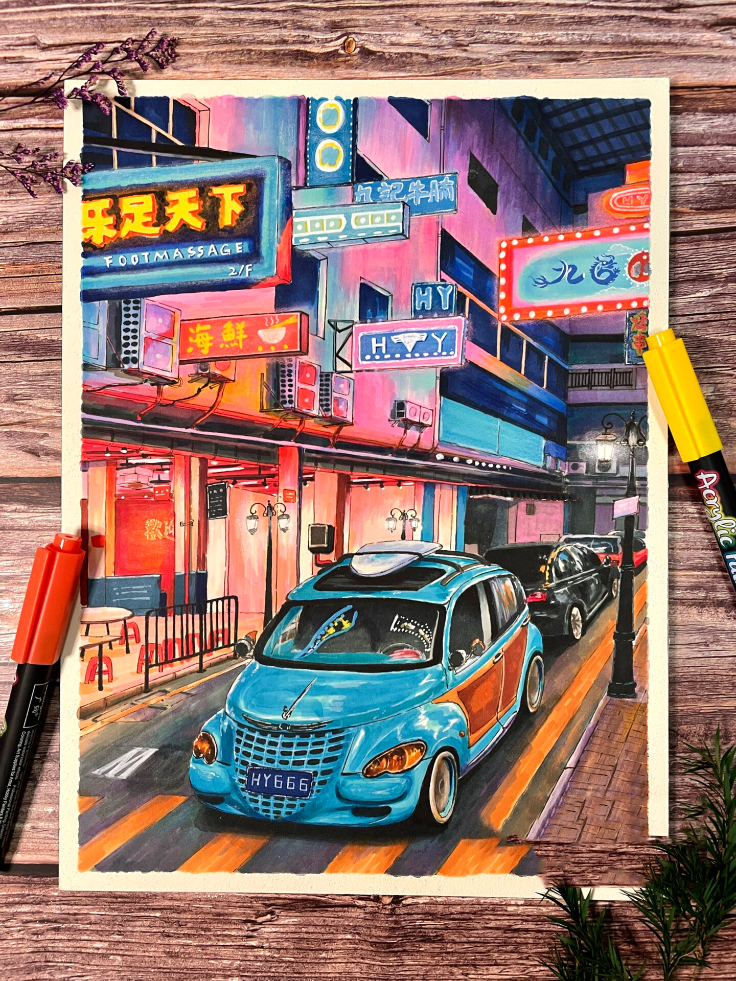 马克笔手绘——香港街道夜景