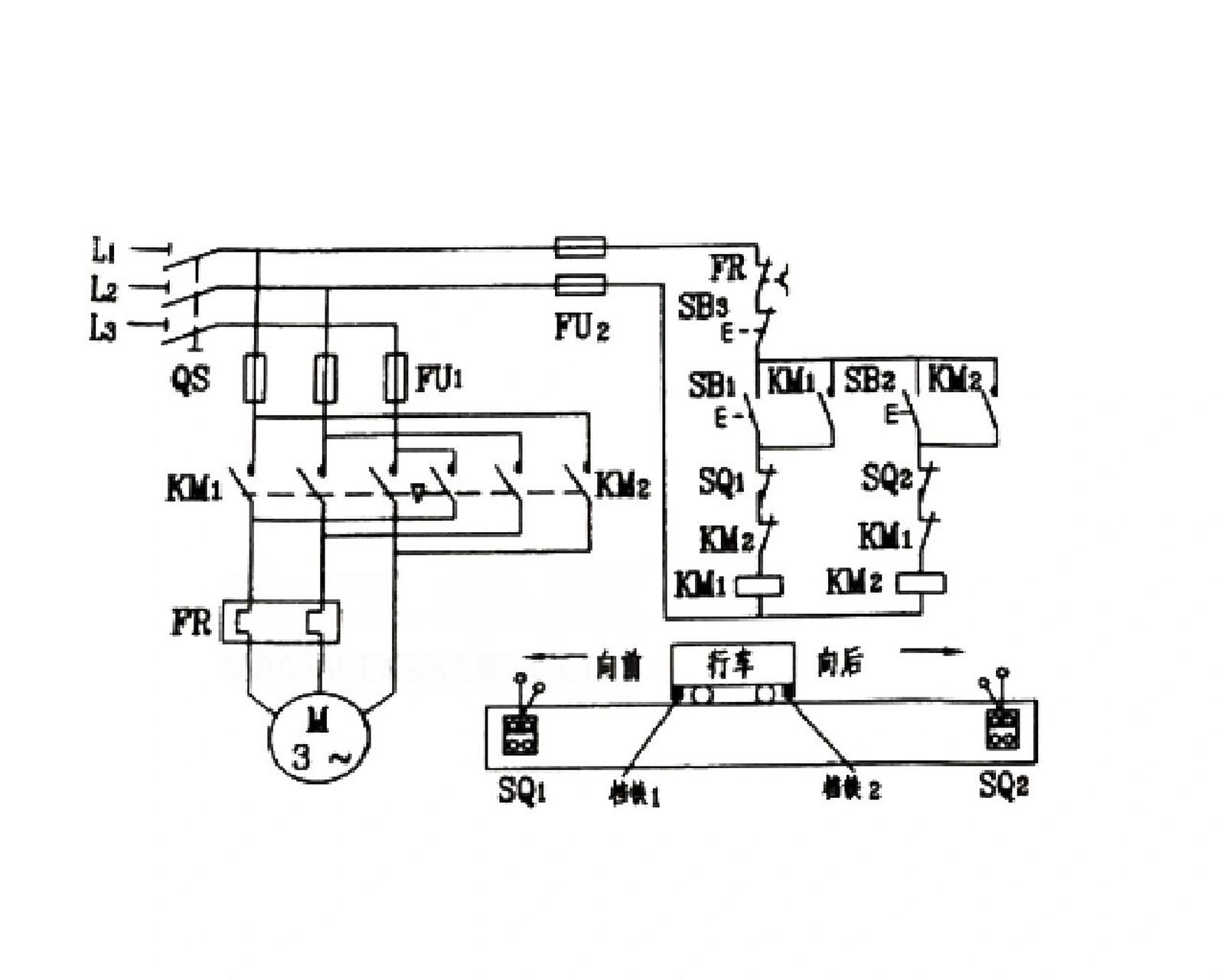 右下角是行车运动示意图,行车的两头终点处各安装一个行程开关sq1和sq