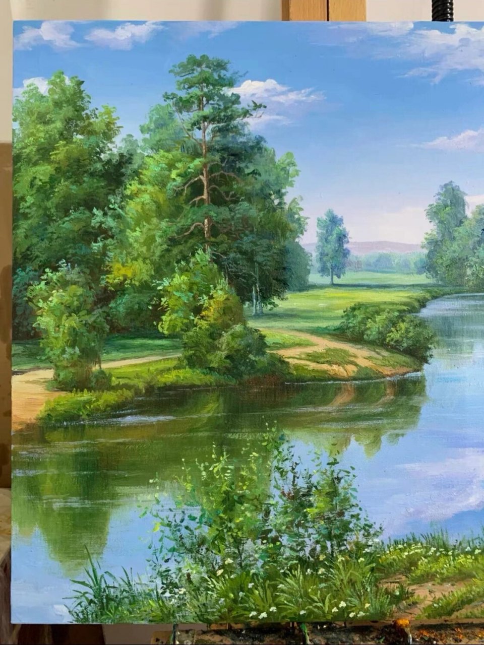 纯手绘油画,河边风景油画60×90厘米,可定制油画,纯手工画的,拍了绘画