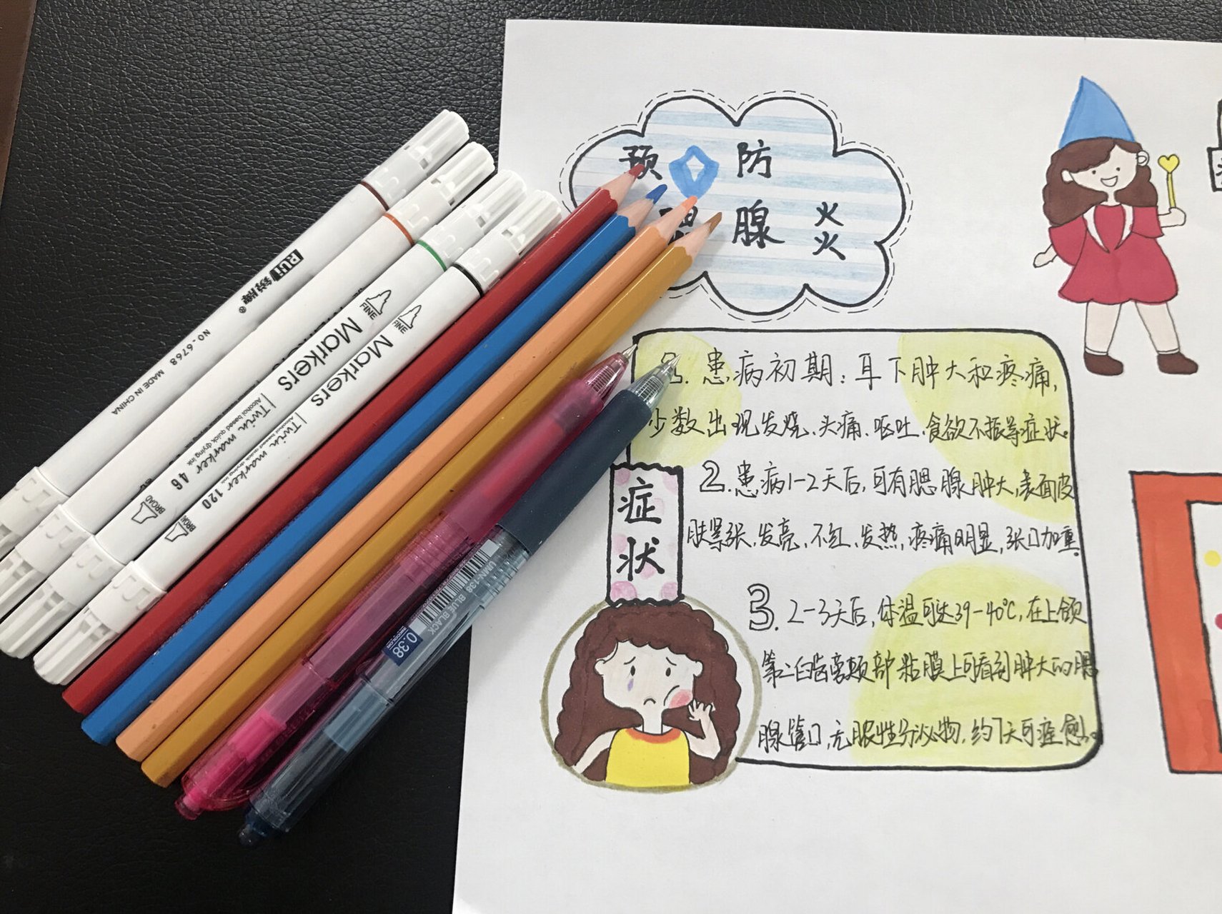 幼儿园预防流行病手抄报 预防腮腺炎手抄报 深色用马克笔涂色 浅色的