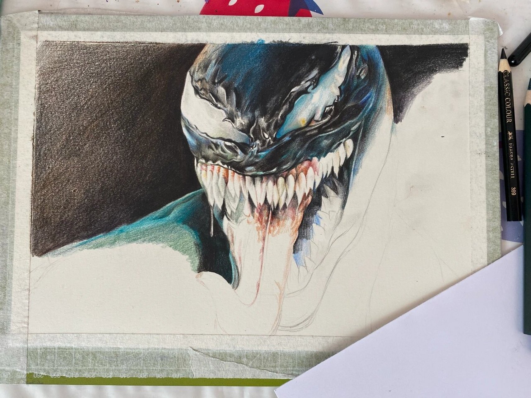 彩铅手绘《毒液》完整版 彩铅手绘毒液 纸张:获多福水彩纸16k 笔