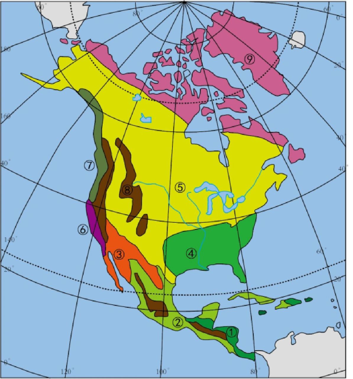 北美洲气候,地形图 学习方法 背北美洲的气候类型图 看图2能说出数字