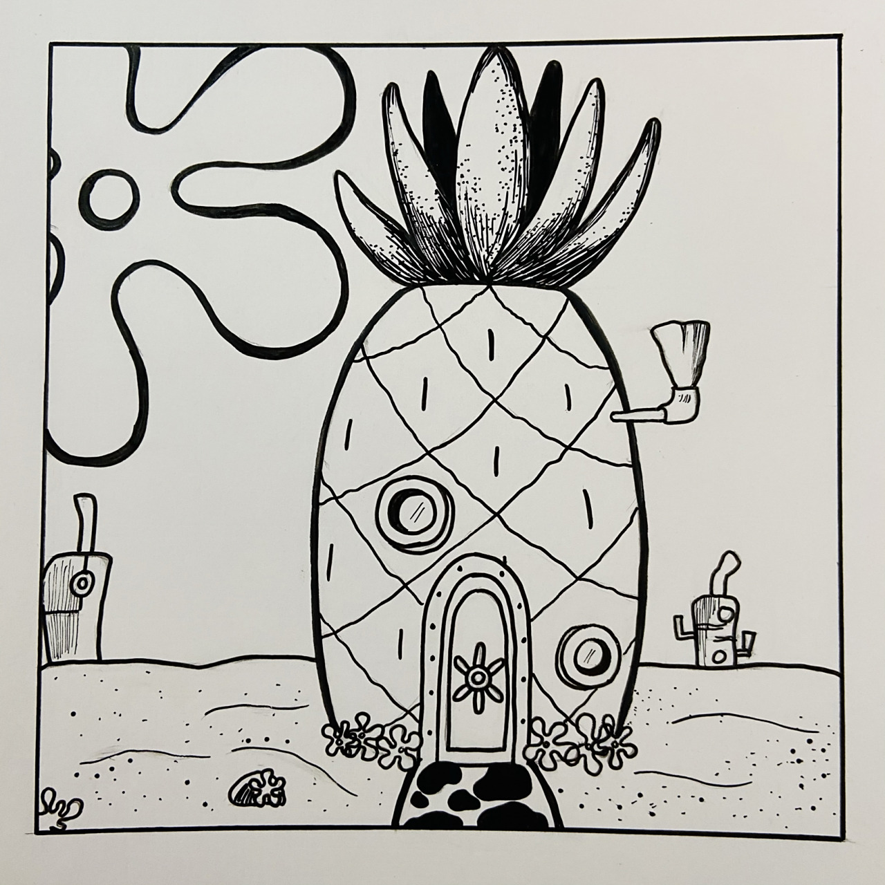 day 51 黑白简笔画|海绵宝宝的菠萝屋 太平洋比基尼沙滩比奇堡镇贝壳