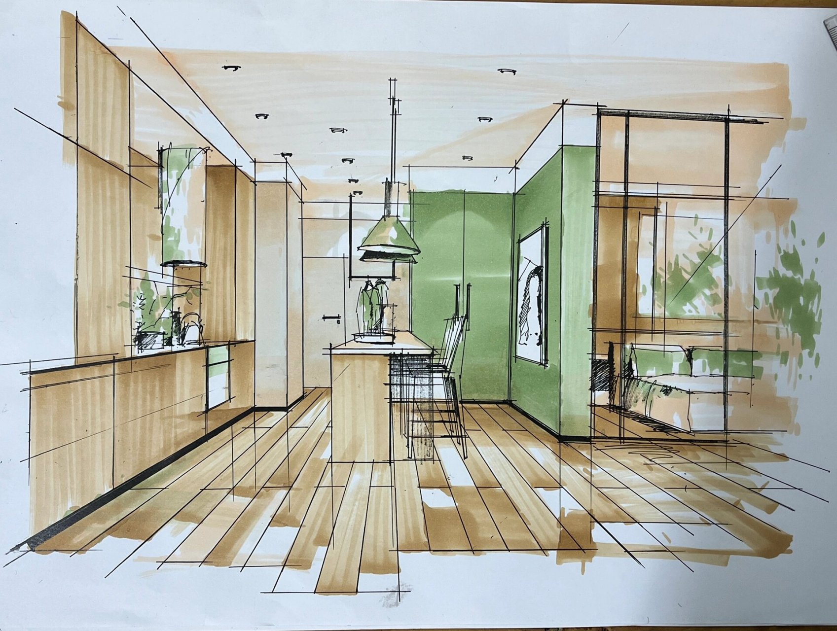 专升本上岸/餐厅空间照片写生77马克笔上色 一点透视餐厅手绘效果图