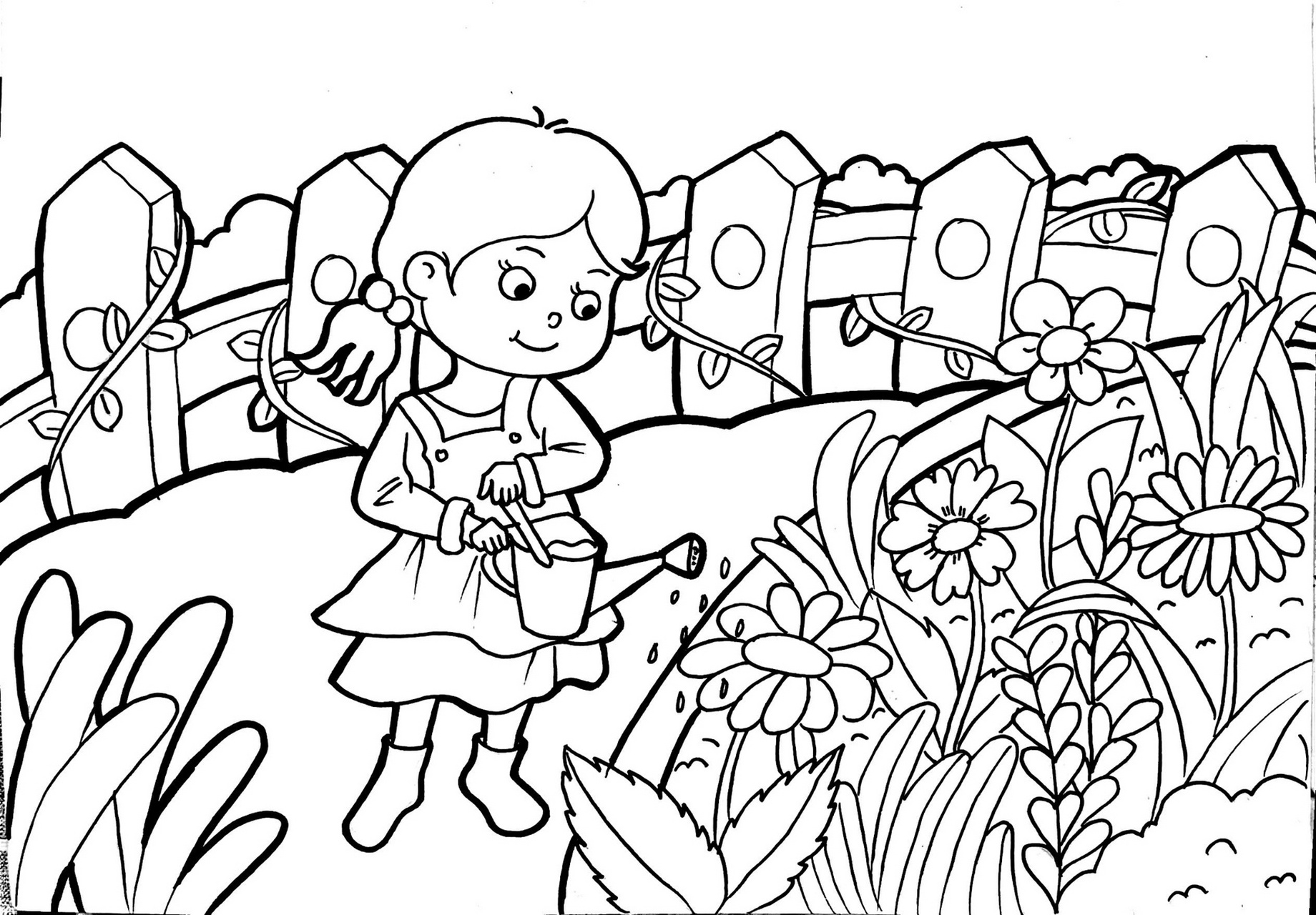 马克笔儿童画卡通画简笔画 浇花的小女孩979994 小花园 马克笔