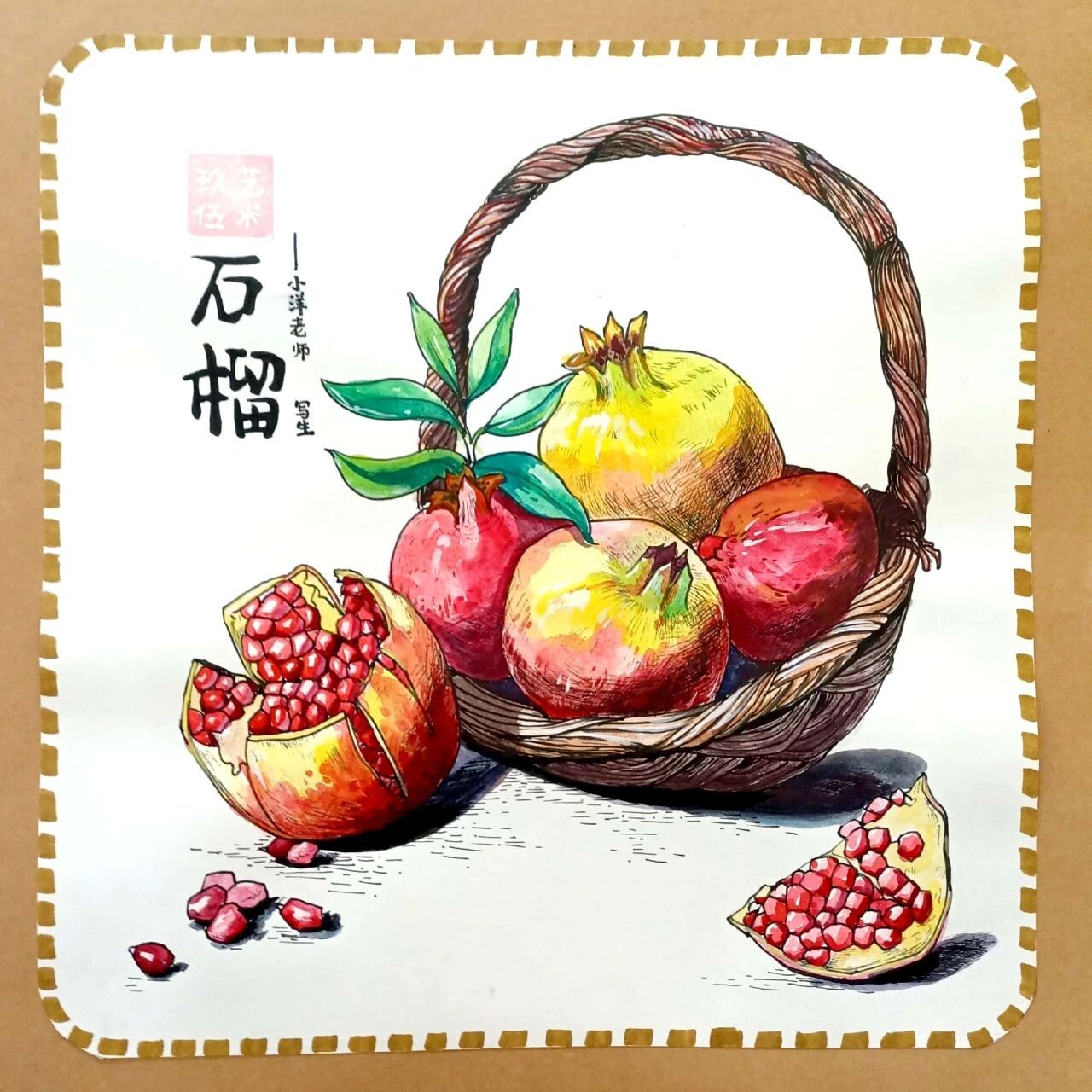 通过写生的方式表现出石榴的造型.