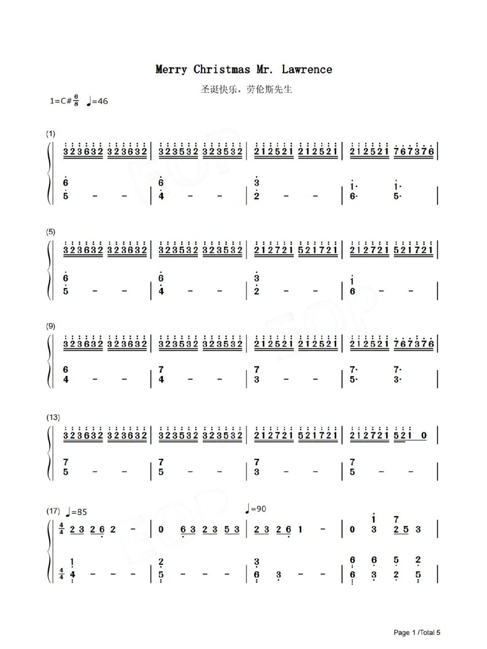 圣诞快乐劳伦斯先生钢琴简谱 merry christmas mr lawrence钢琴简谱