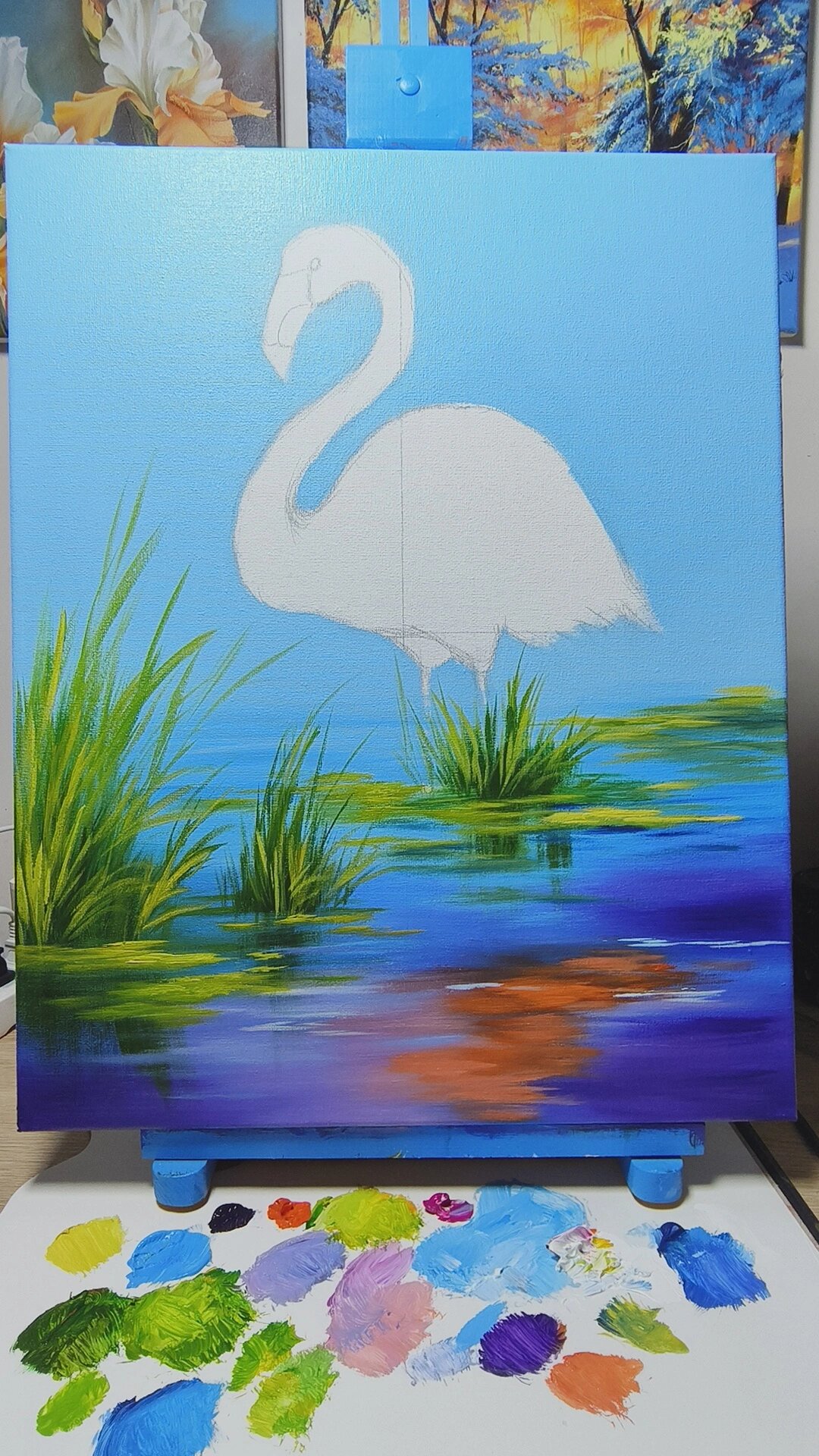 丙烯画火烈鸟绘画过程图 9640*50画框 96丙烯颜料 黑色 桔红 大红