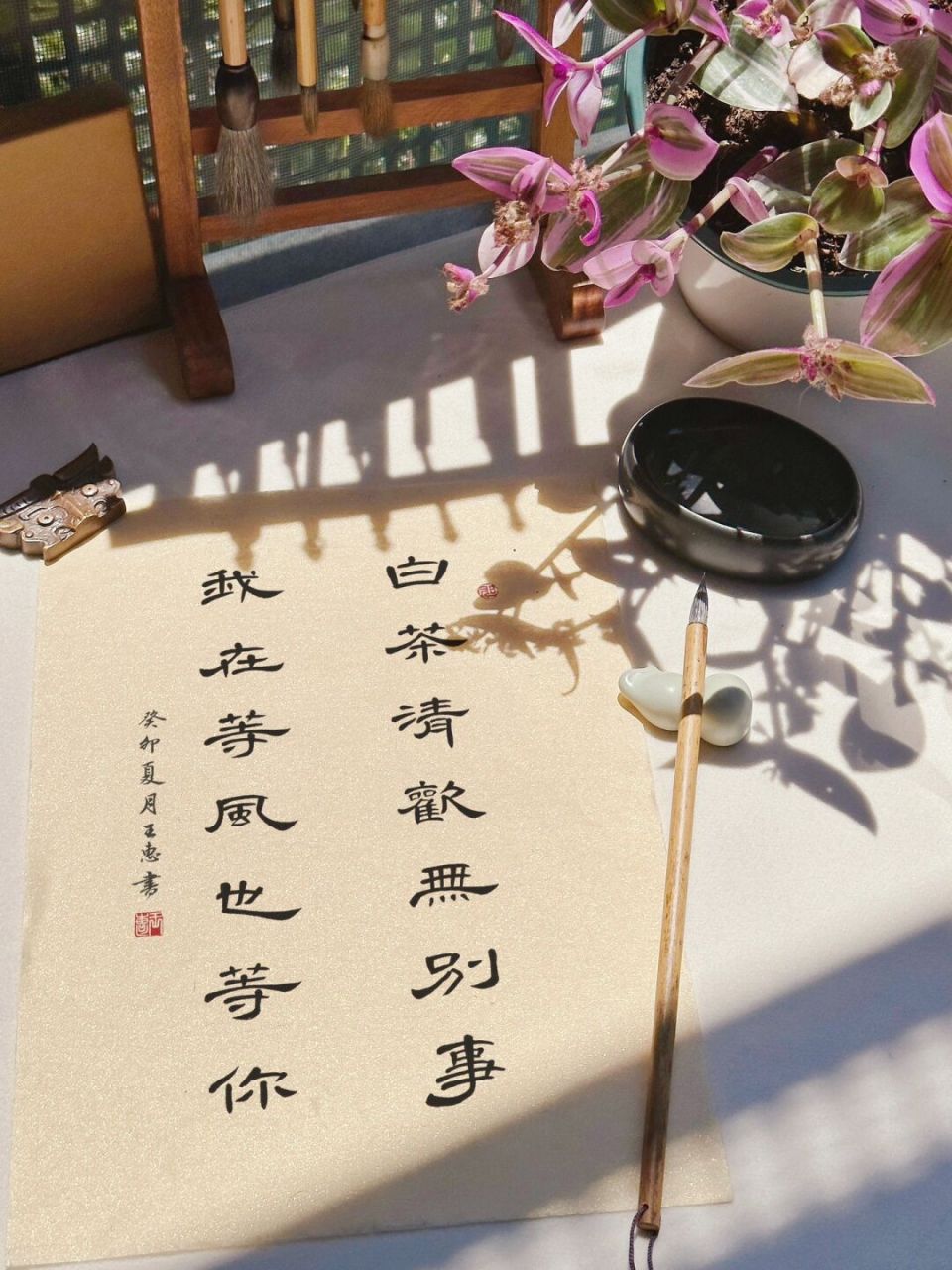 隶书曹全碑小作品-初夏阳台一角 白茶清欢无别事 我在等风也等你  一