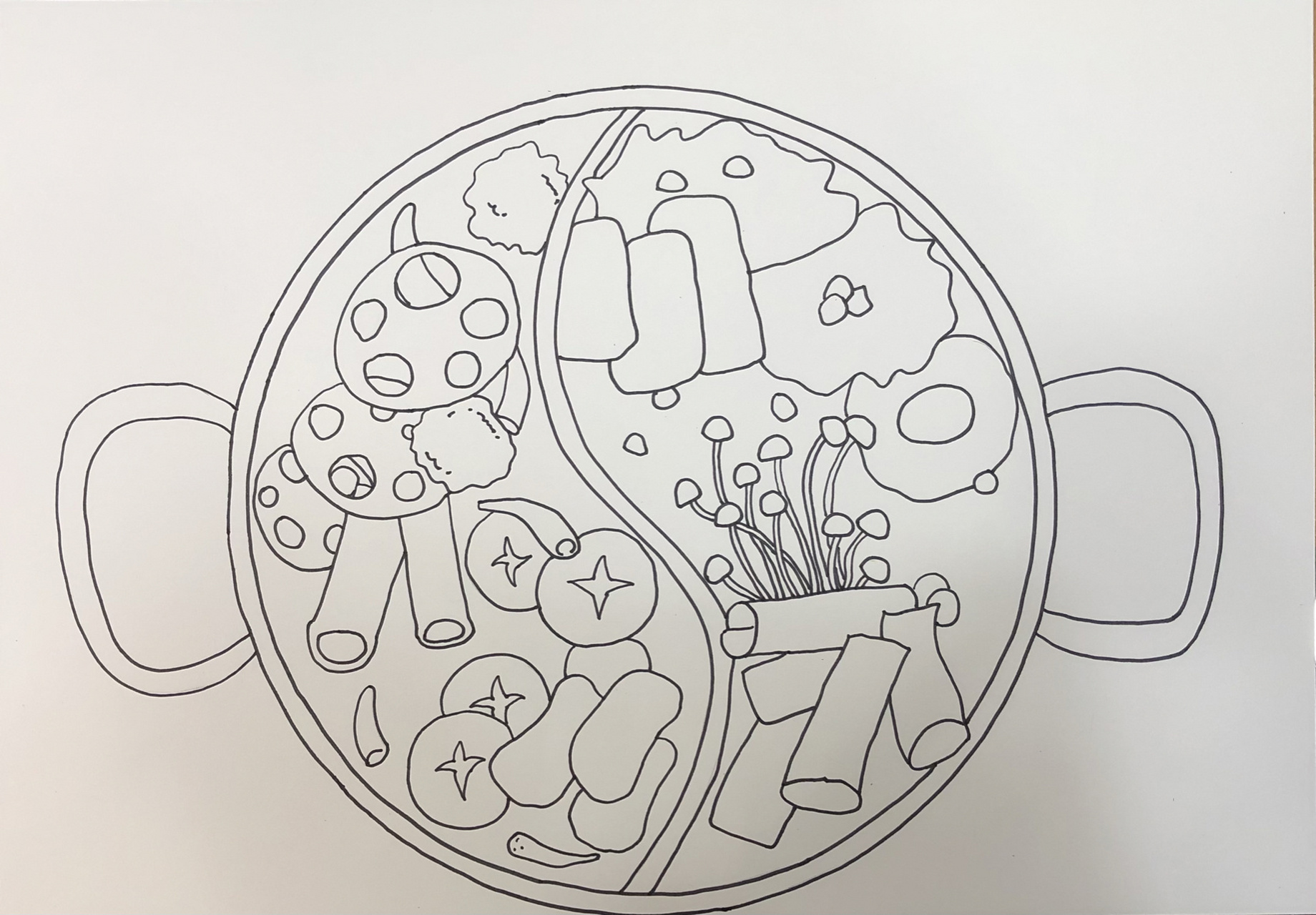 冬天就是吃火锅的季节啦 我们一起来画一幅热气腾腾的火锅吧 画鸳鸯锅