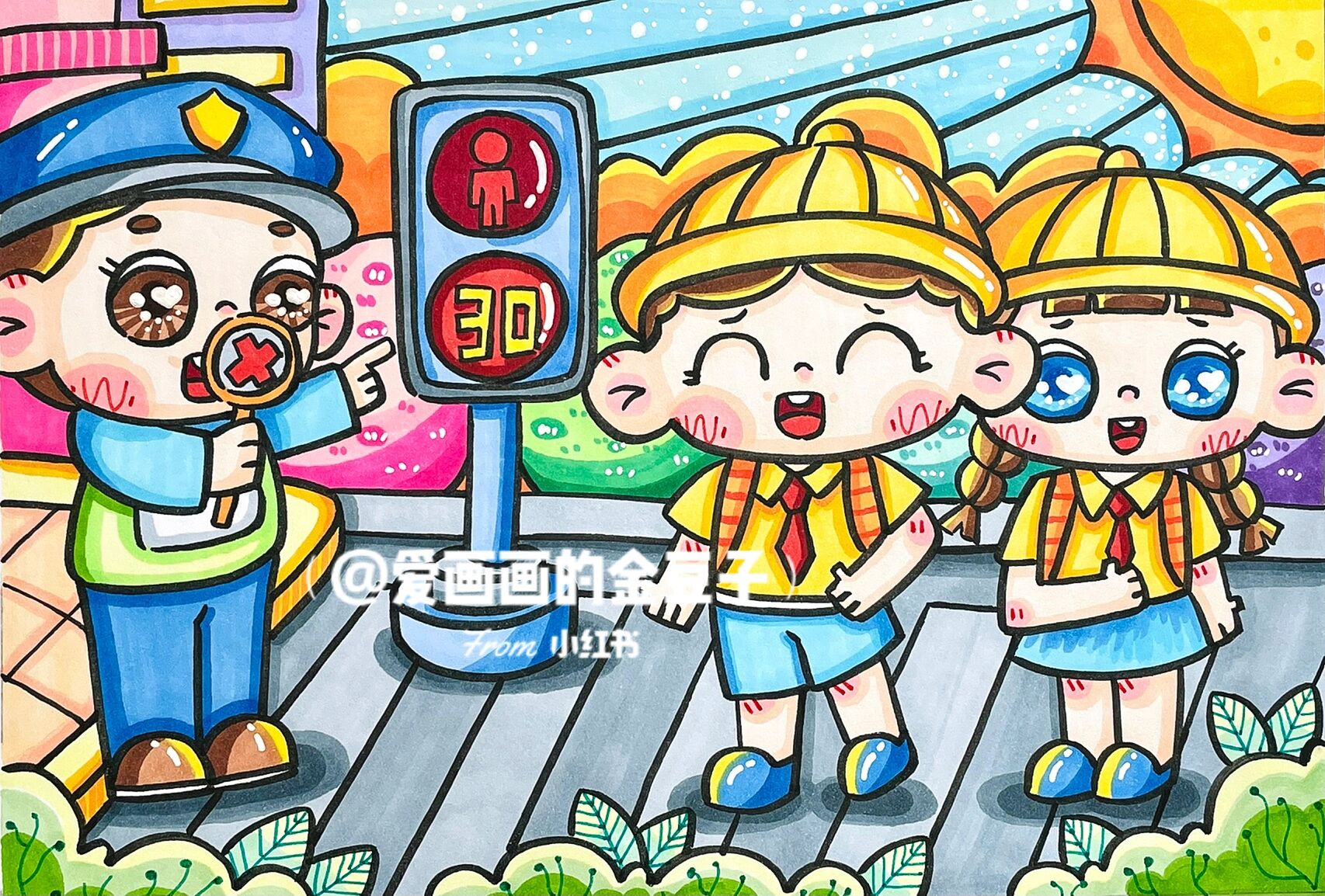 原创交通安全主题画 文明交通儿童画