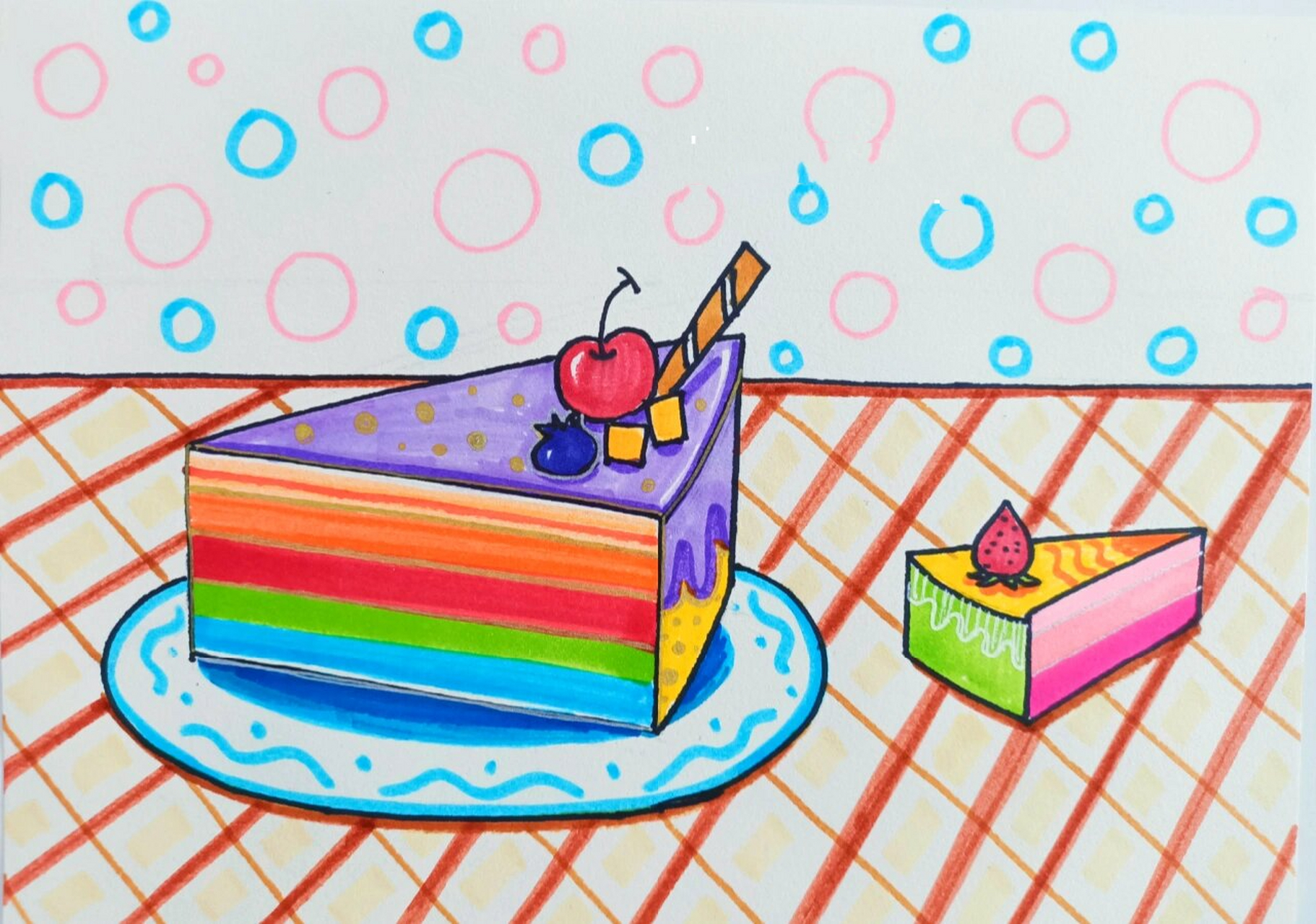 儿童画漂亮的美味的彩虹蛋糕三角形 经常有小伙伴问我,用什么笔,什么