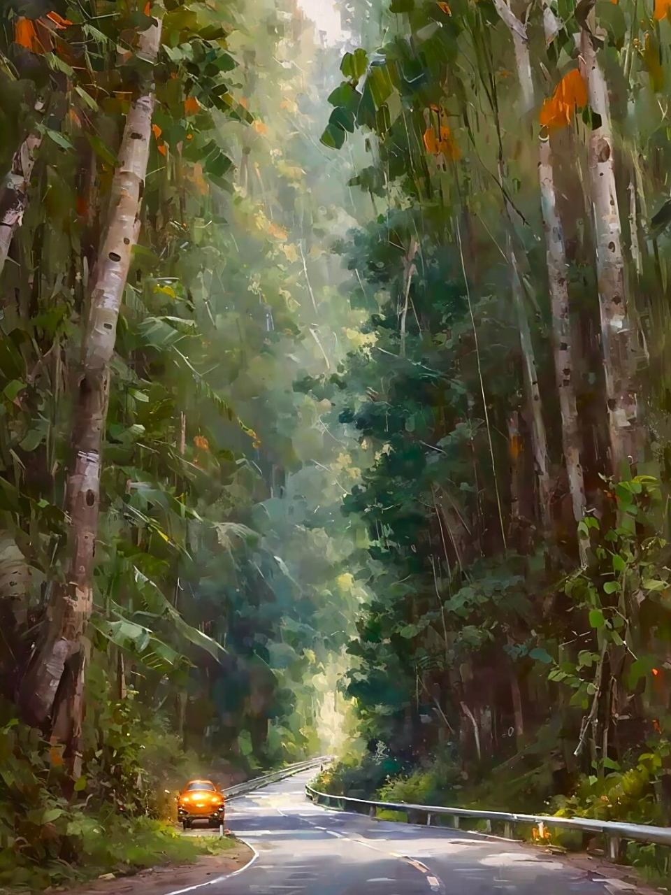 林间公路 林间的公路上,阳光透过繁密的树叶,洒下