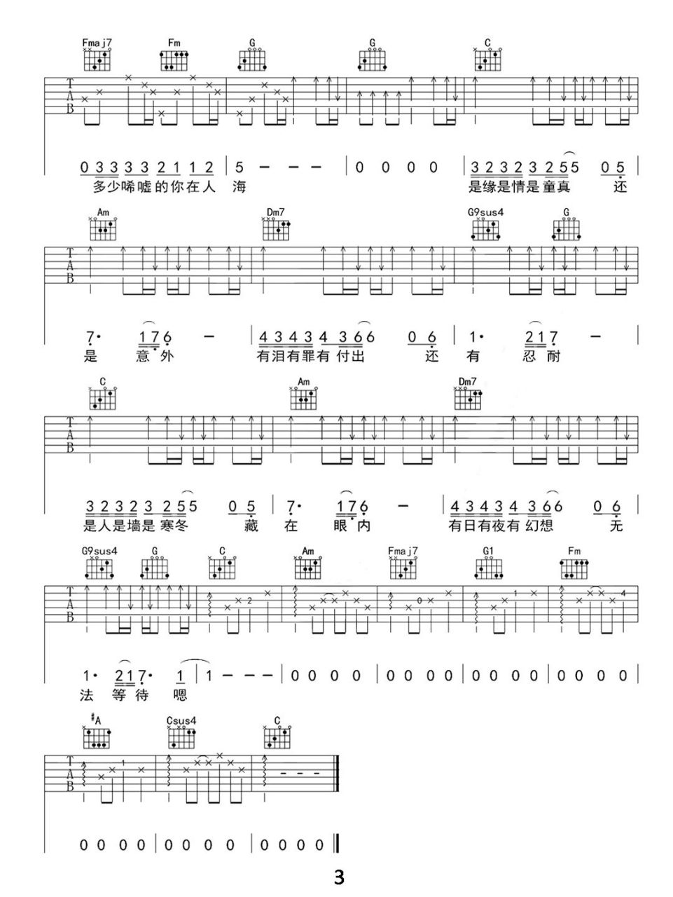 黄家驹《情人》流行歌曲吉他谱c调弹唱流行