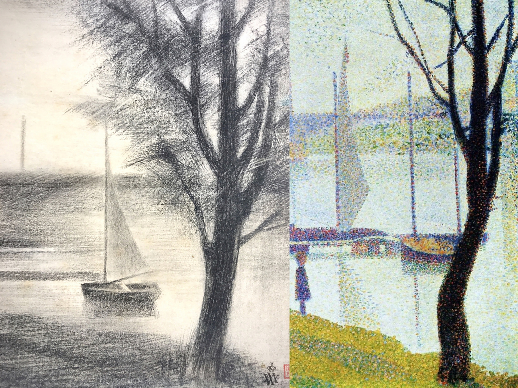 从修拉的素描看油画创作过程「素描真迹实拍」 《库尔贝瓦的桥》 乔治