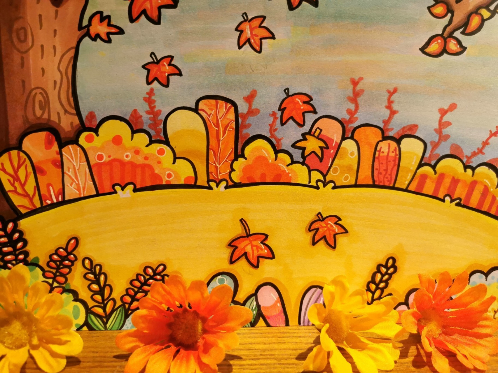 97儿童画秋天万能场景 78秋天场景主要以黄色,橙色和红色这样的暖