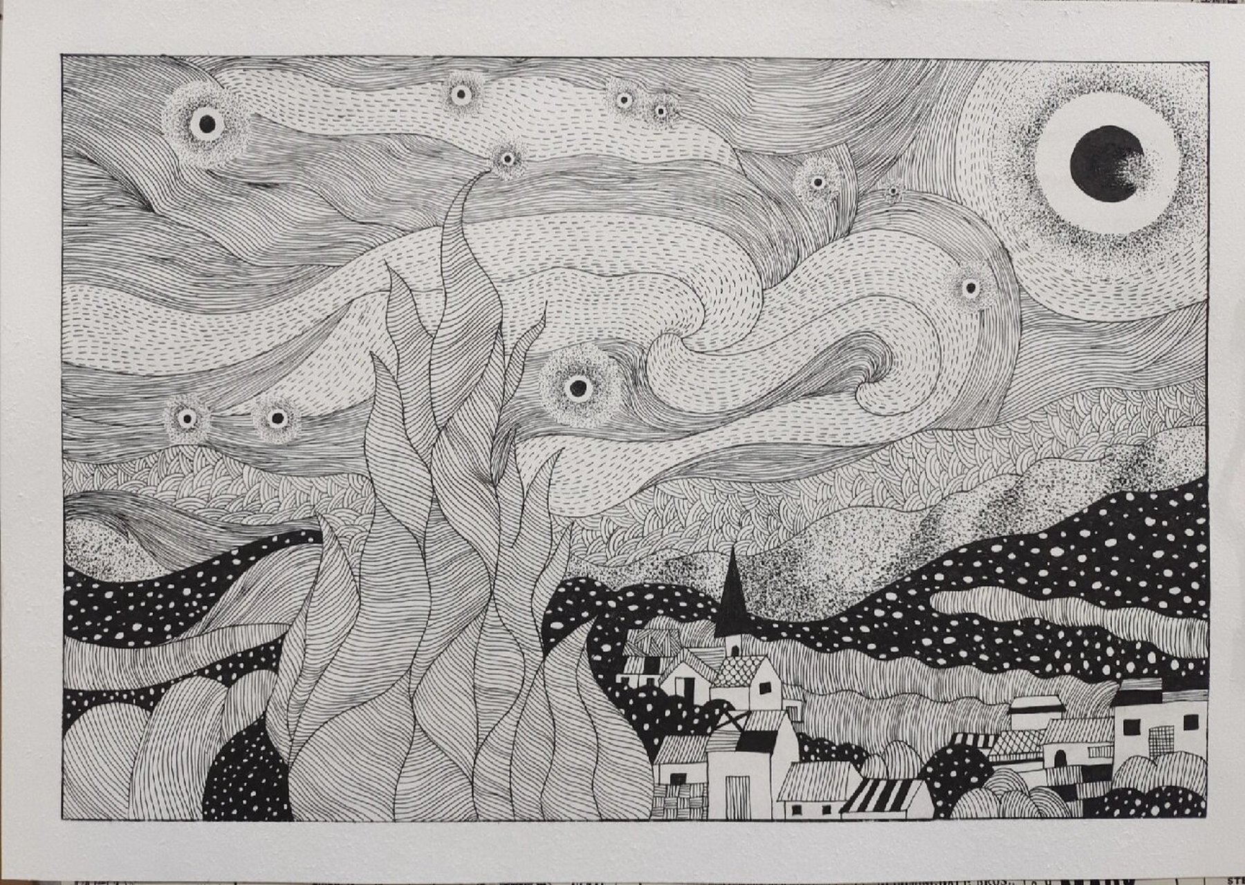 黑白线描——梵高《星空》      附有步骤图 两种效果 因为这张画反响