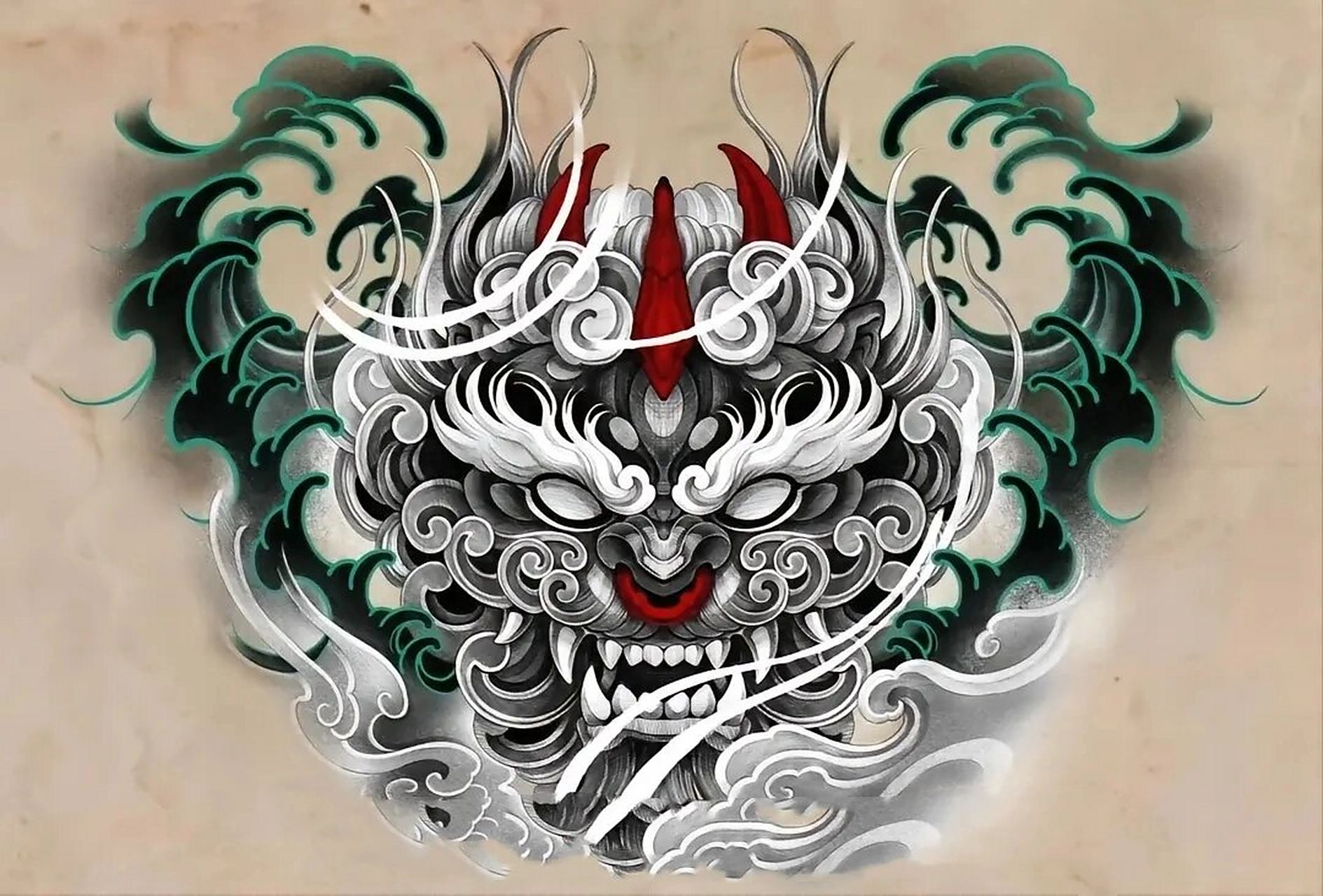 一波唐狮组合纹身手稿 唐狮