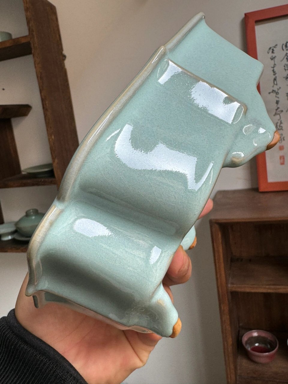 汝窑天蓝釉花口盆特价128     天然矿石玛瑙入釉,高温还原火烧制,可做