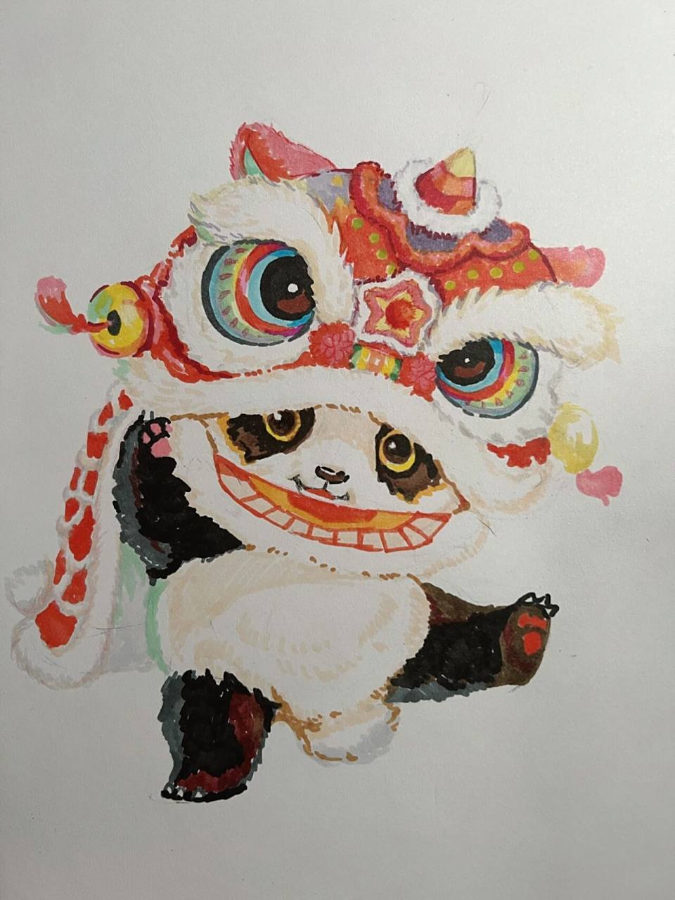 醒狮 舞狮小熊猫马克笔手绘 马克笔画很简单很可爱  原图来自大佬雪