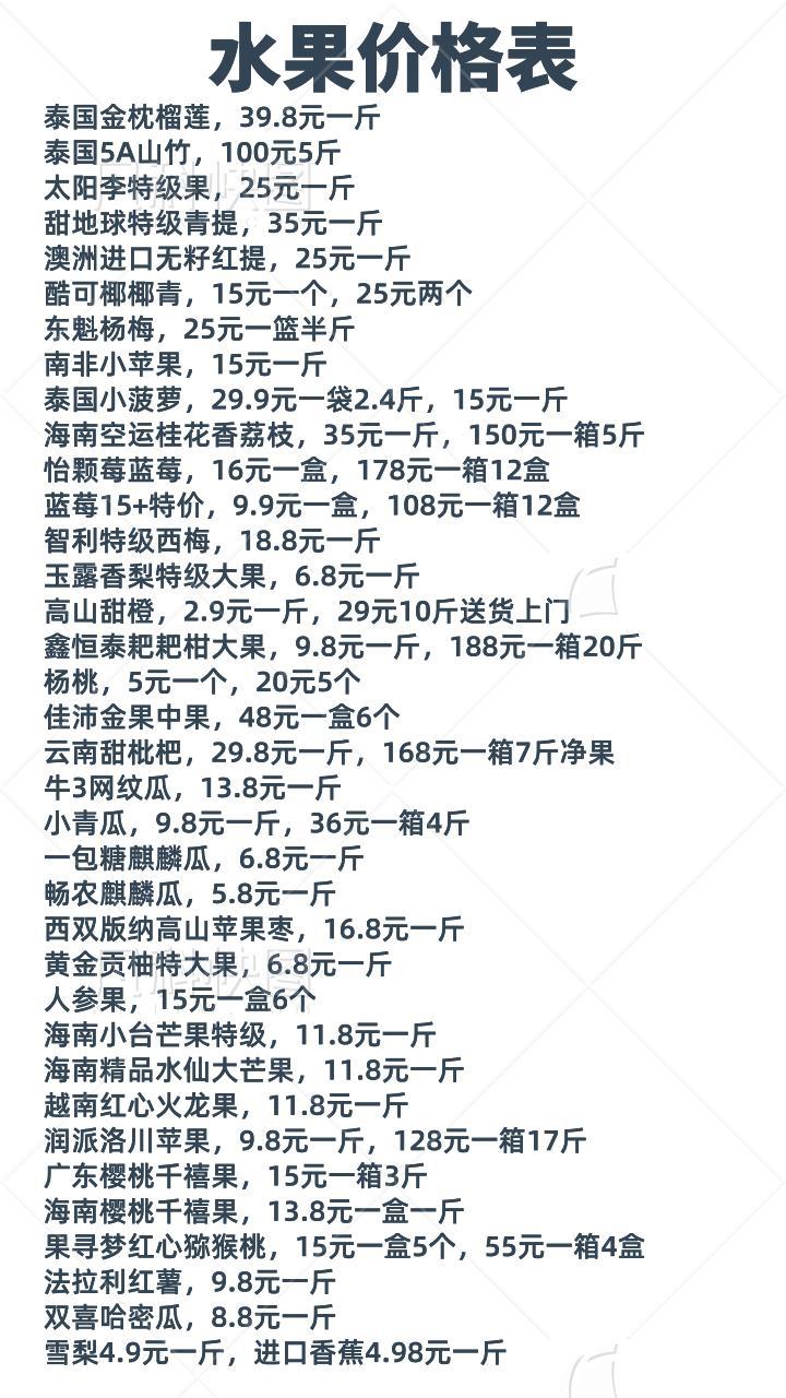 2024年4月22日,最新价格表,来门店消费客户水果满188元送一张面值10元