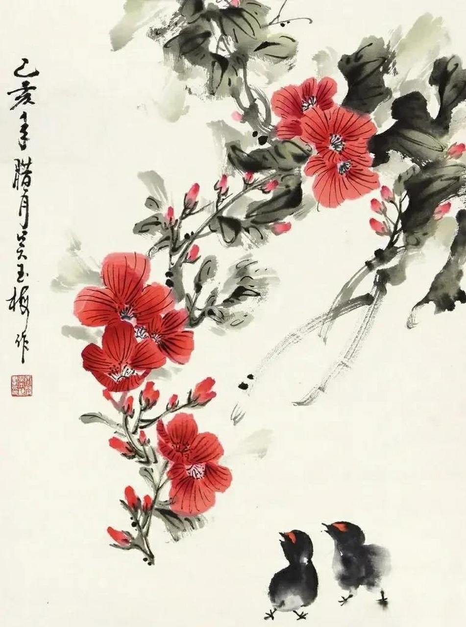 吴玉梅花鸟画作品,色彩明快,清新自然,极富田园气息和生活情趣.