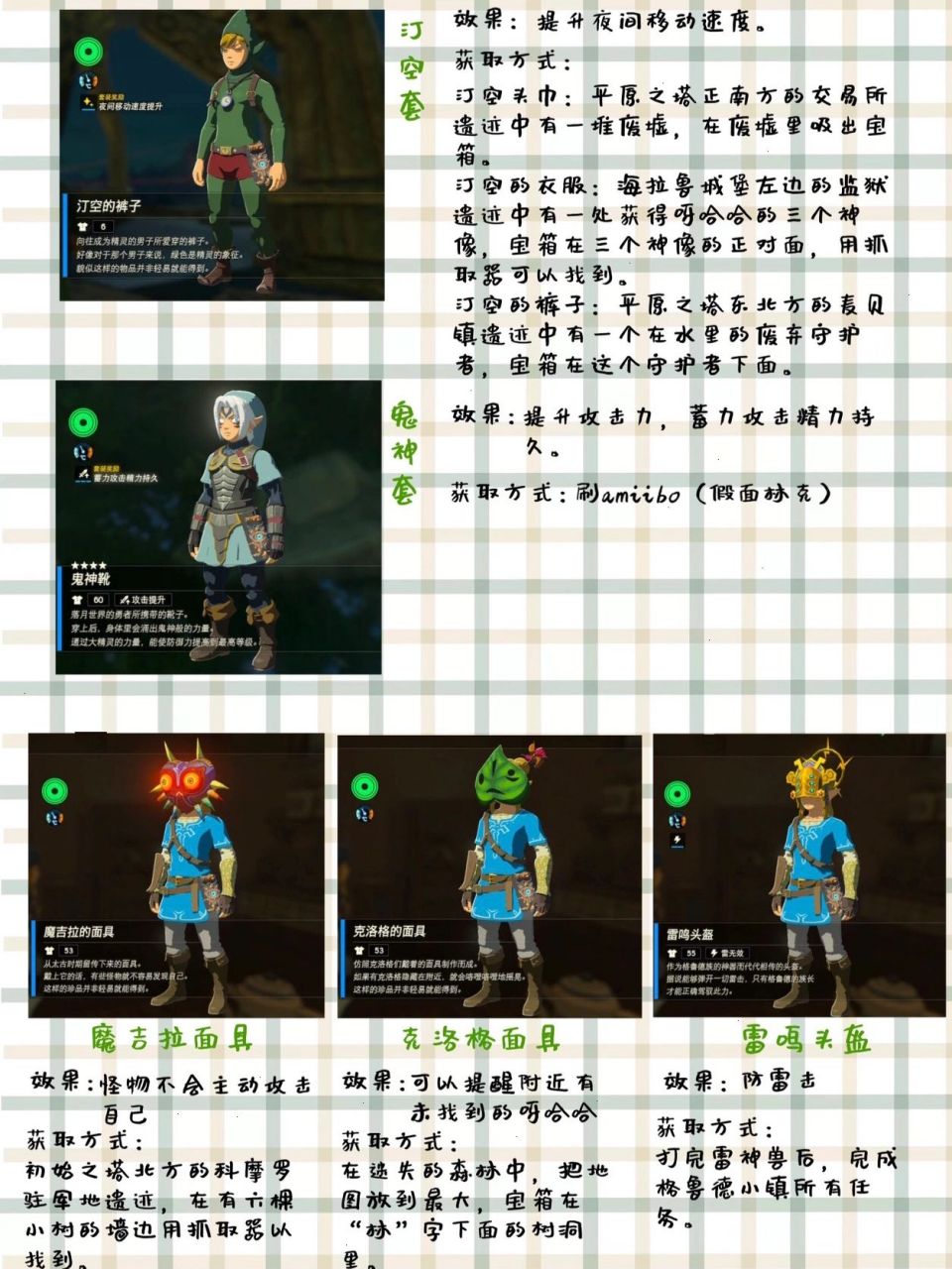 【塞尔达传说】服装图鉴(三) 1.英杰服(队服) 2.夜光套 3.旷野套 4.