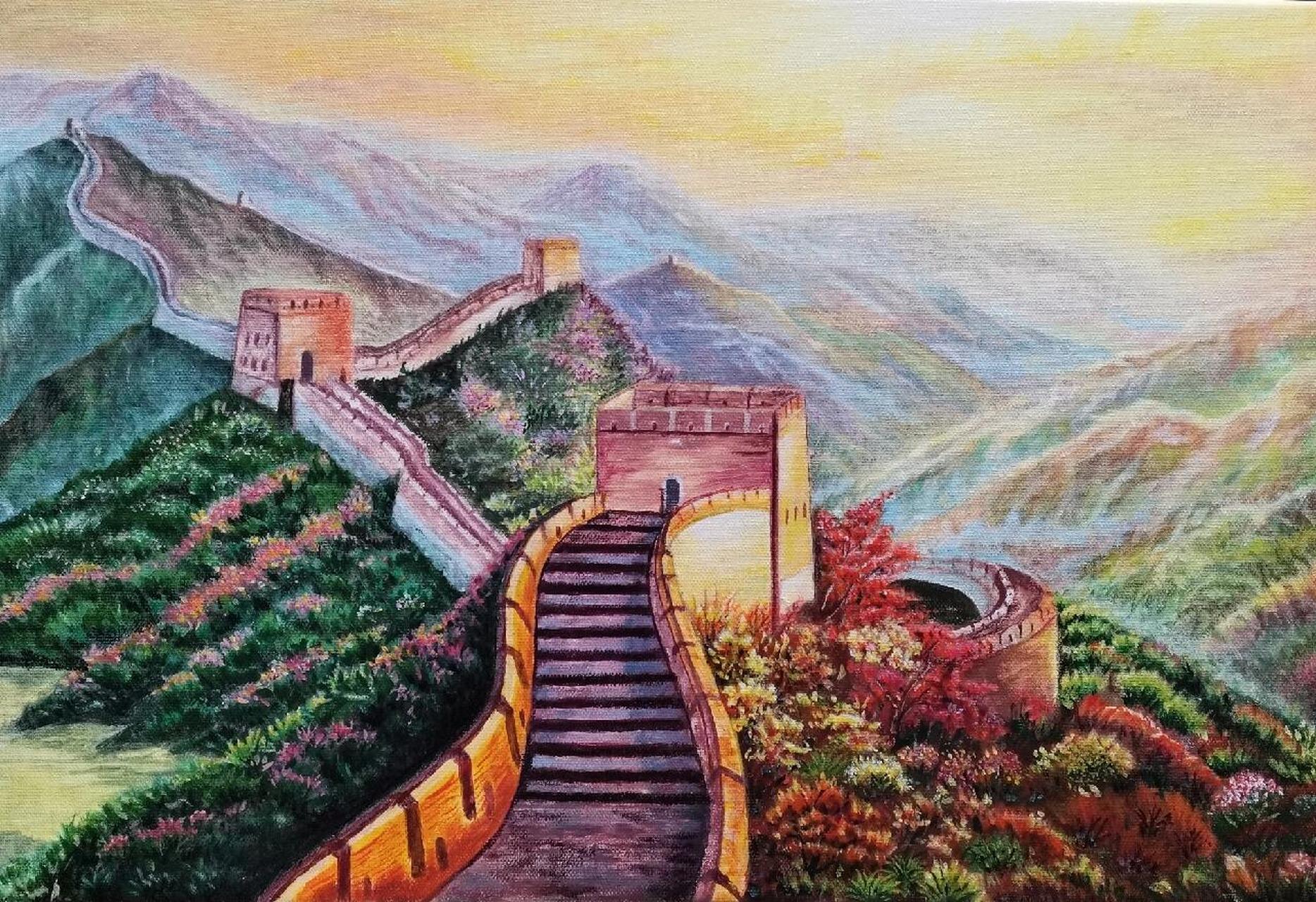 丙烯画《万里长城》 长城是中国的标志,人民军队的象征!