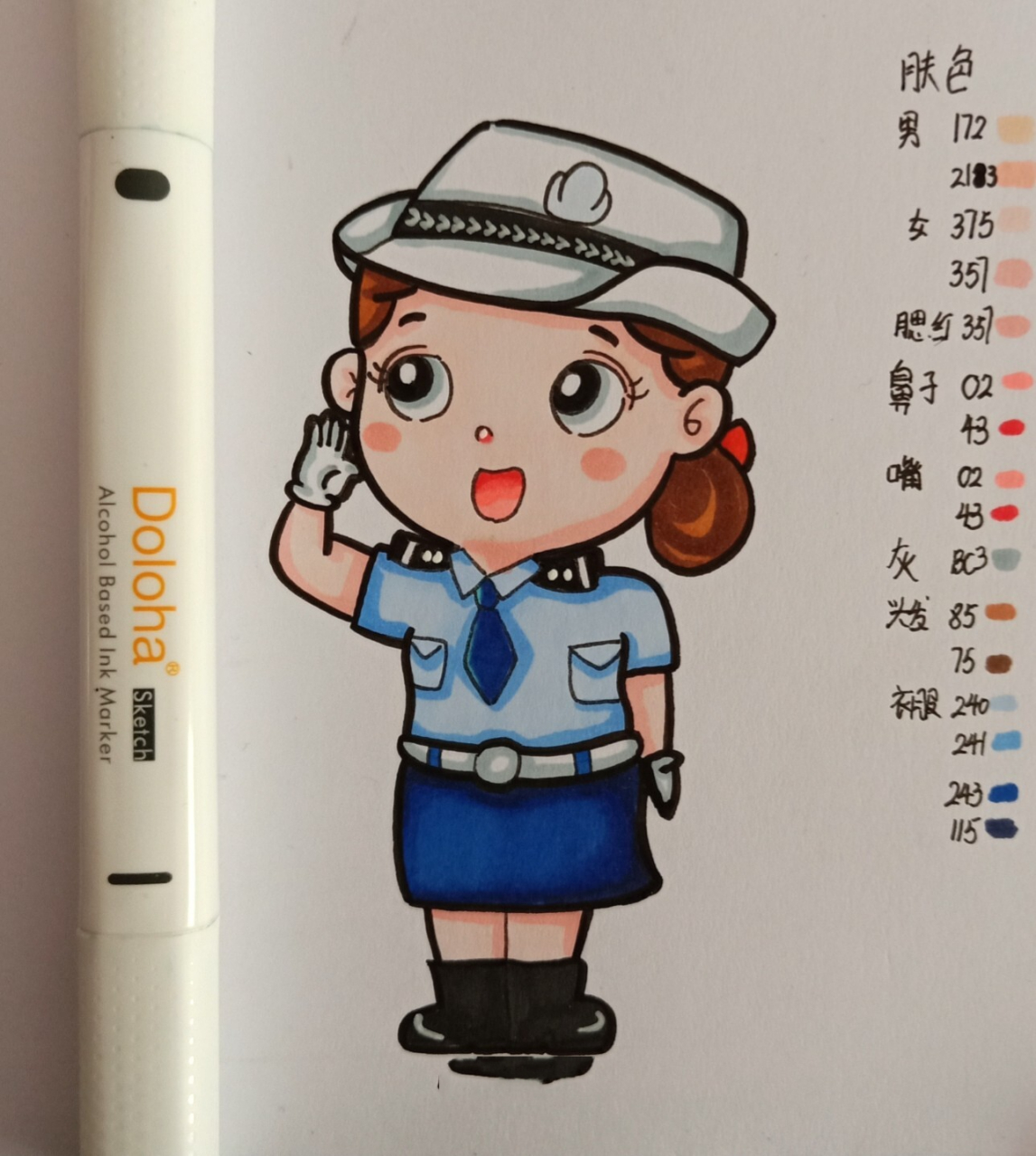 简笔画 单个人物 警察 常用人物动态 工具 94勾线笔 高光笔99樱花