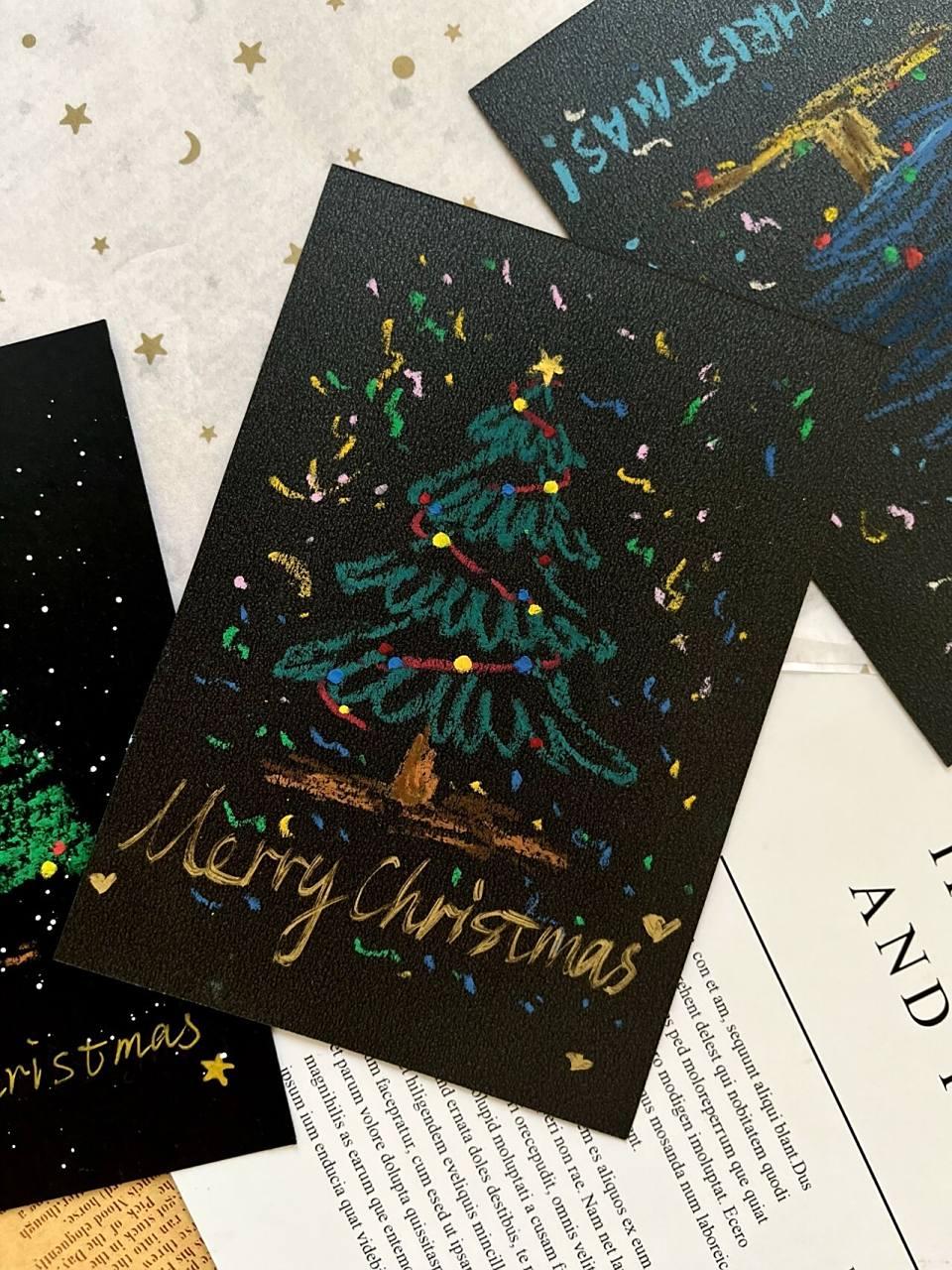 油画棒课程 黑卡纸圣诞树9078 用黑卡纸画了一组简笔画圣诞树90