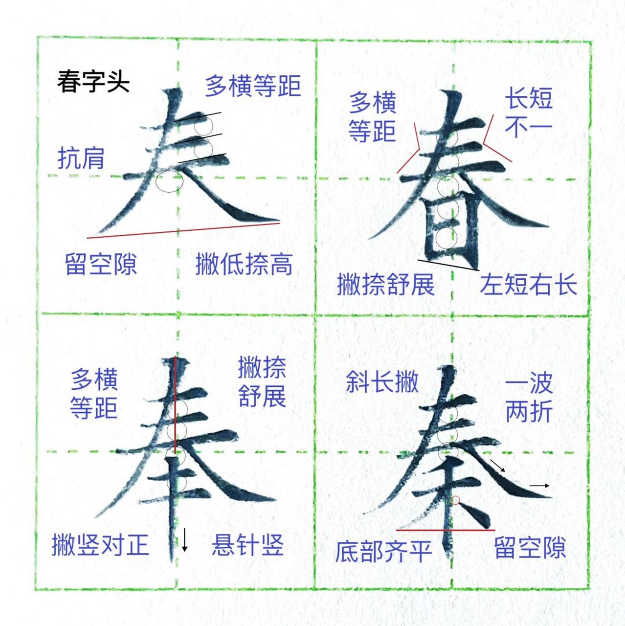 春字头: 1.多横等距,长短不一. 2.多横斜度平行. 3.