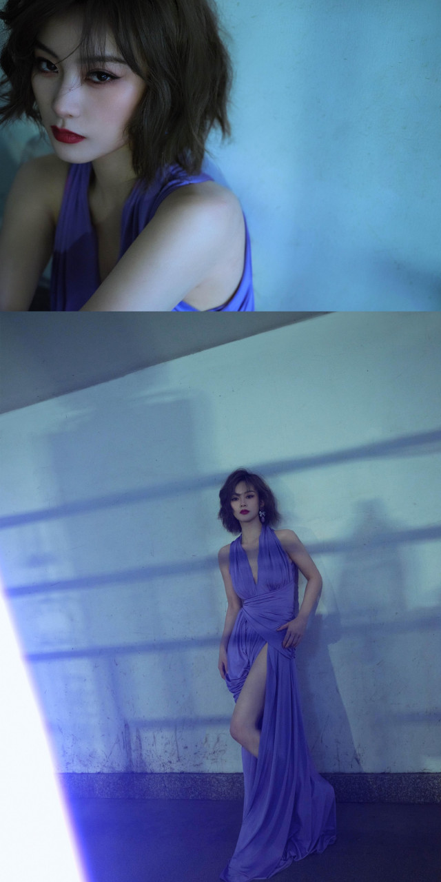 尚语贤紫色礼服裙冷酷写真壁纸