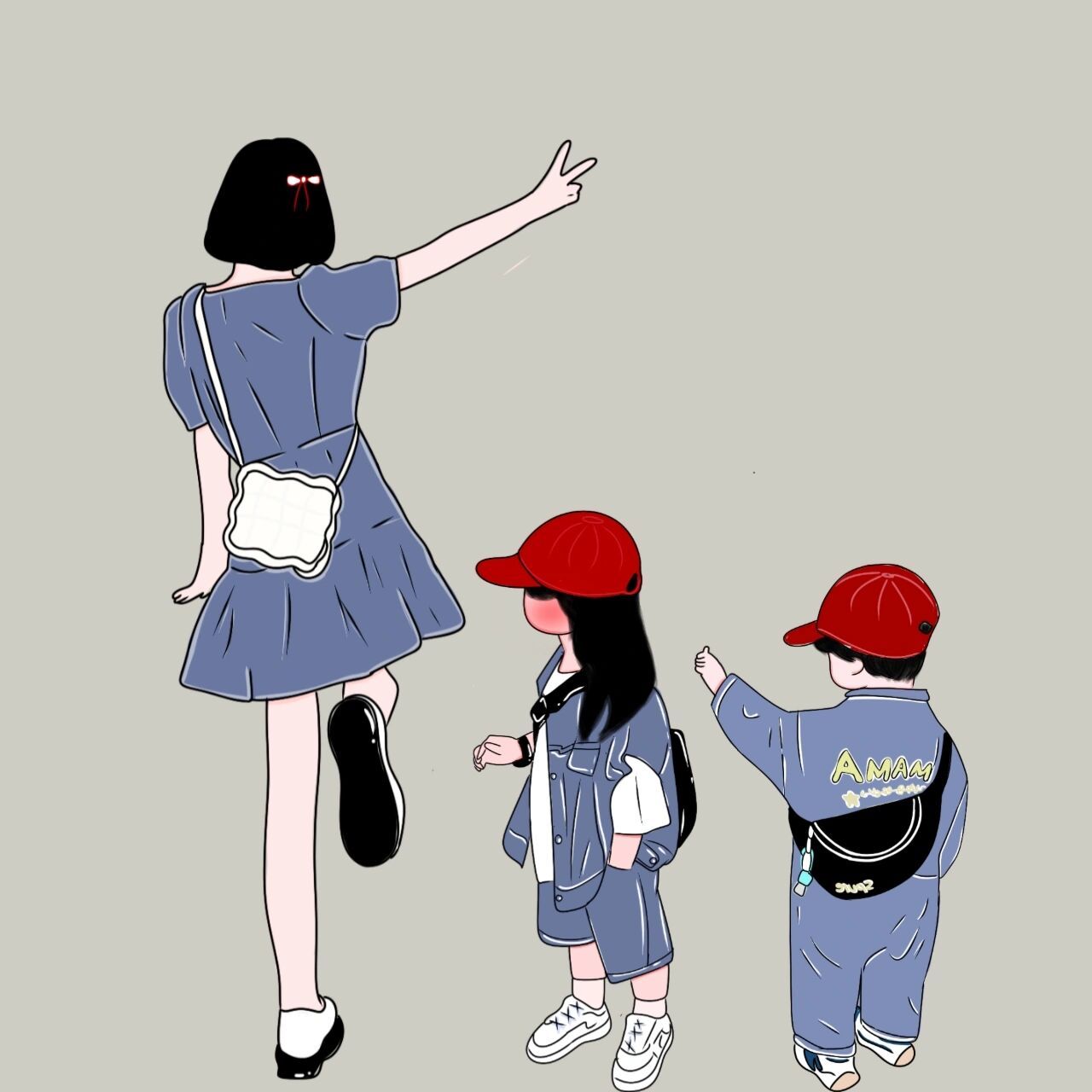 原创手绘亲子头像两个男孩两个女孩两娃亲子  母亲伟大之处:辛苦养儿