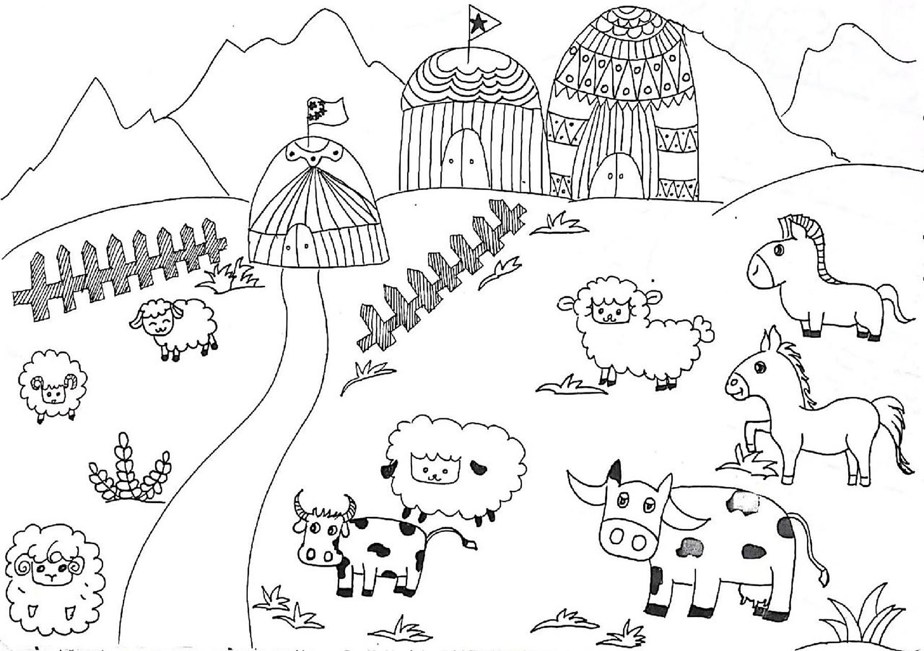 简笔画 大草原 一望无际大草原 一顶顶蒙古包帐篷 一群群绵羊,奶牛