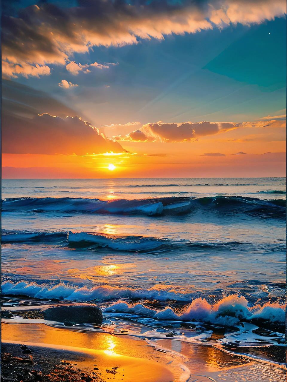 余晖洒在波涛之上,海风轻拂着脸颊,如此恬静美好的海边夕阳,仿佛可以