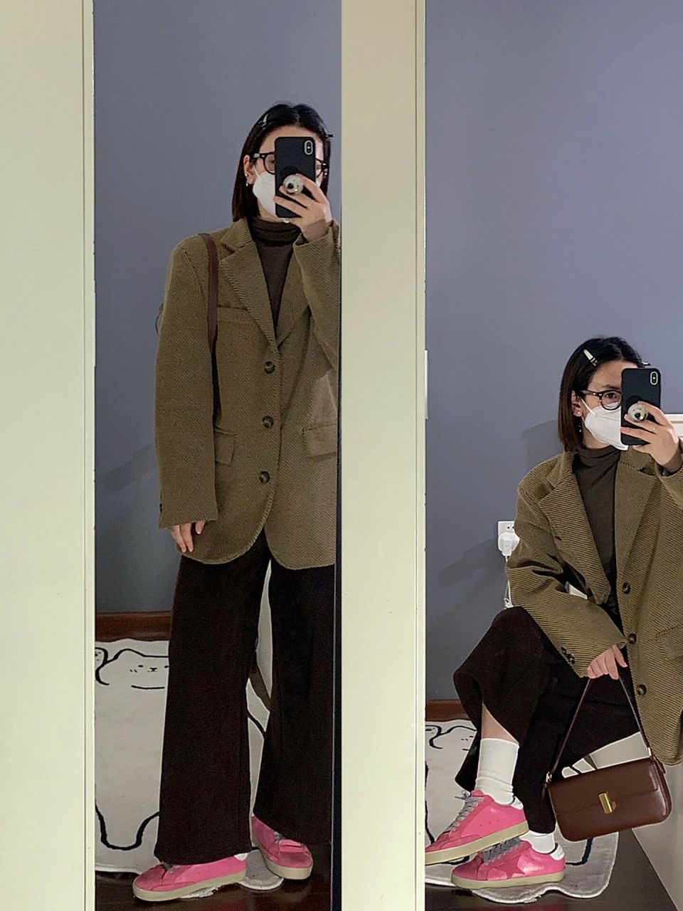 姜黄色外套搭配咖色裤子就好看 内里搭配的也是咖色针织打底衫 想要有