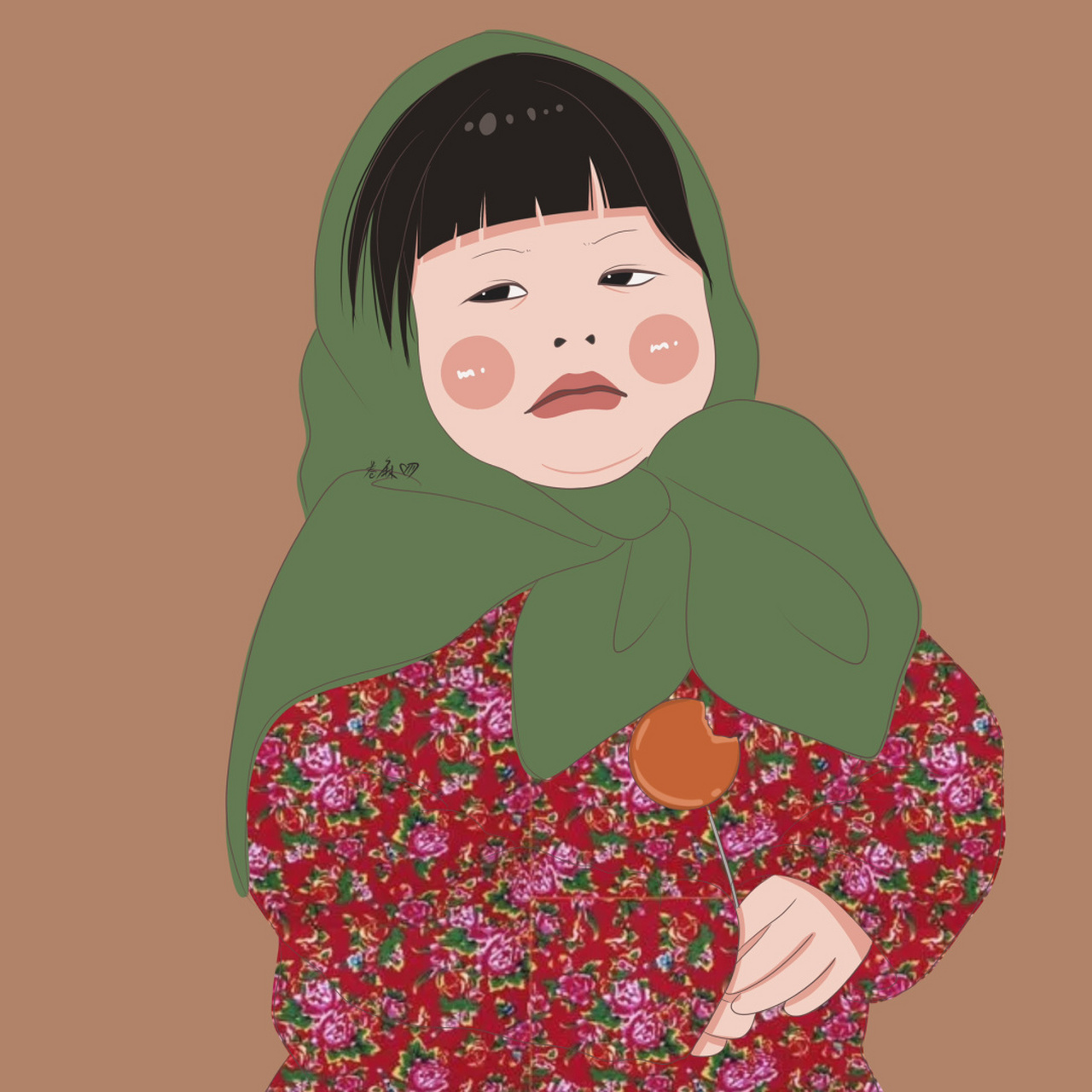 插画 | 头像 | 吃棒棒糖穿东北大花袄小女孩 图片92二改92商用