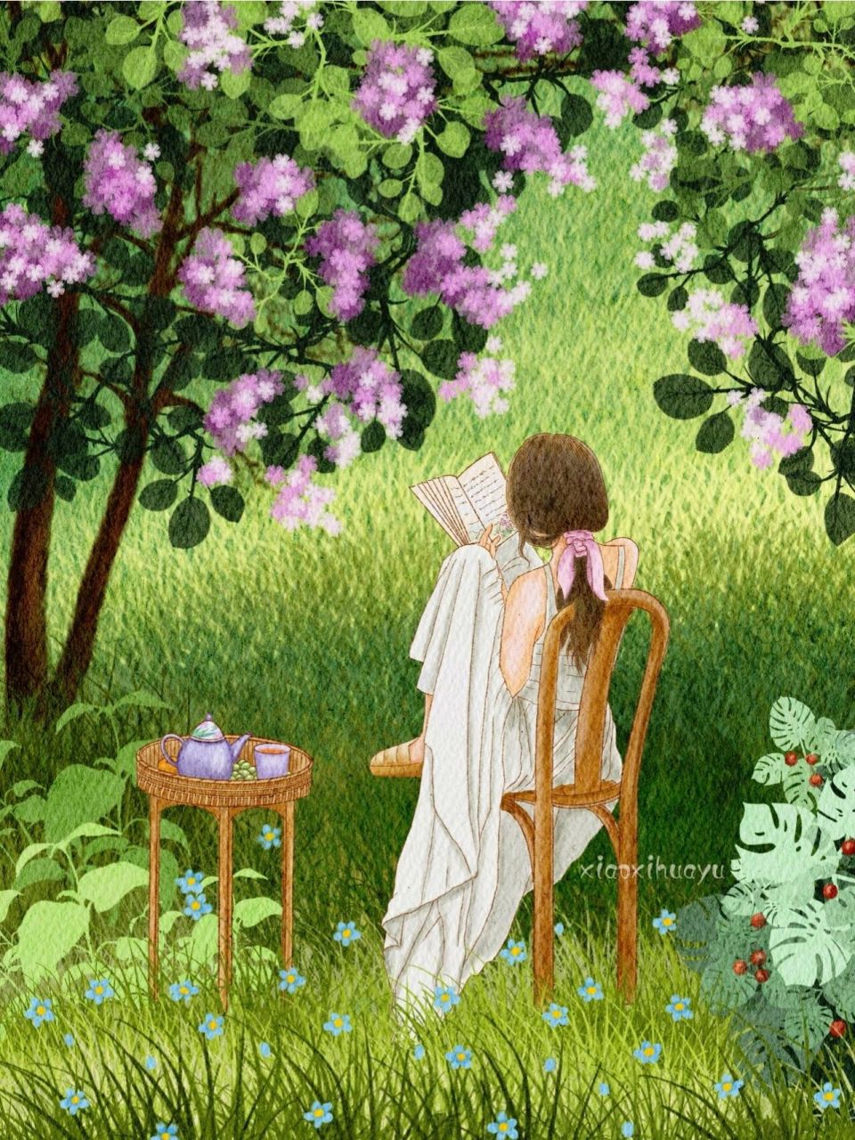 午后的阳光,铺在草坪上,暖暖的, 花树下,一本喜欢的书,一壶香甜的红茶