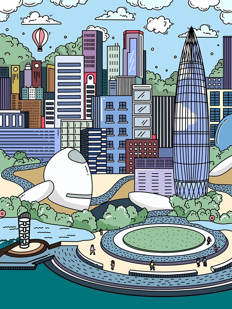 三张城市印象手绘插画/印象深圳