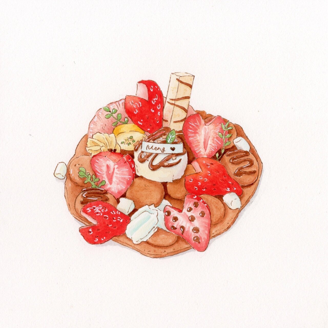 钢笔淡彩手绘甜品|少女心鸡蛋仔(附线稿) 水彩手绘美食插画写生 素材