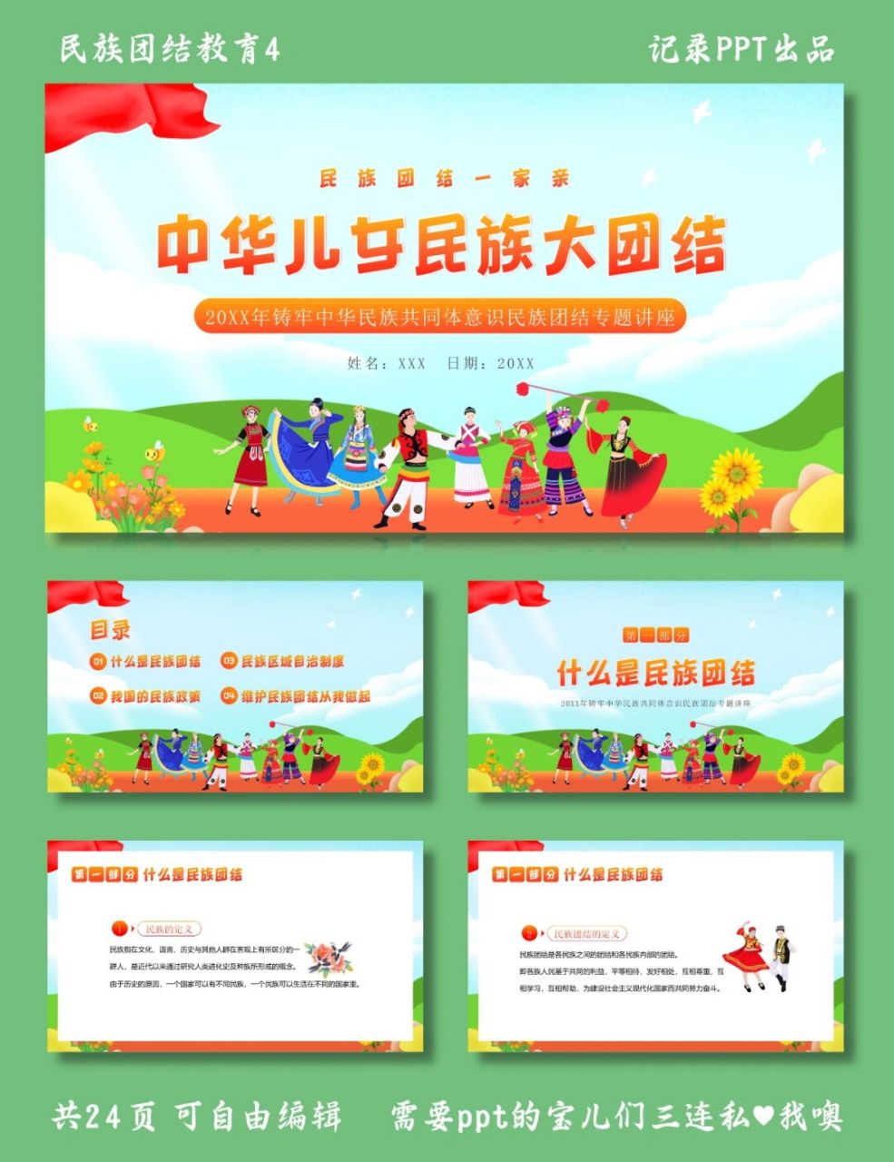 中华儿女民族大团结 民族团结教育4 ppt模板 目录包括 ①什么是民族