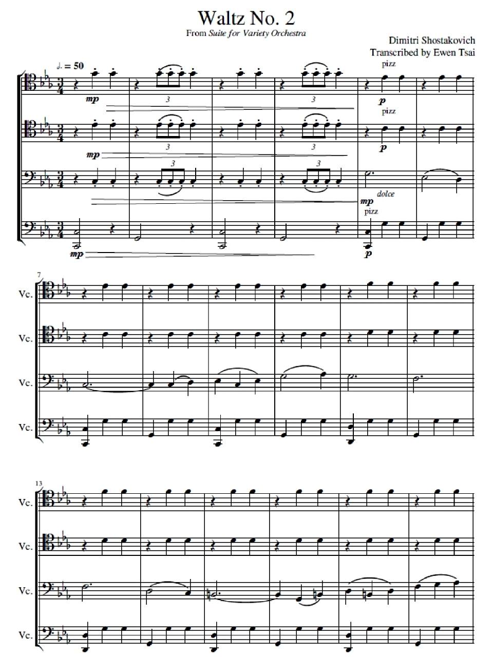 肖斯塔科维奇 大提琴四重奏 第二圆舞曲 (总谱 附4把大提琴分谱)大