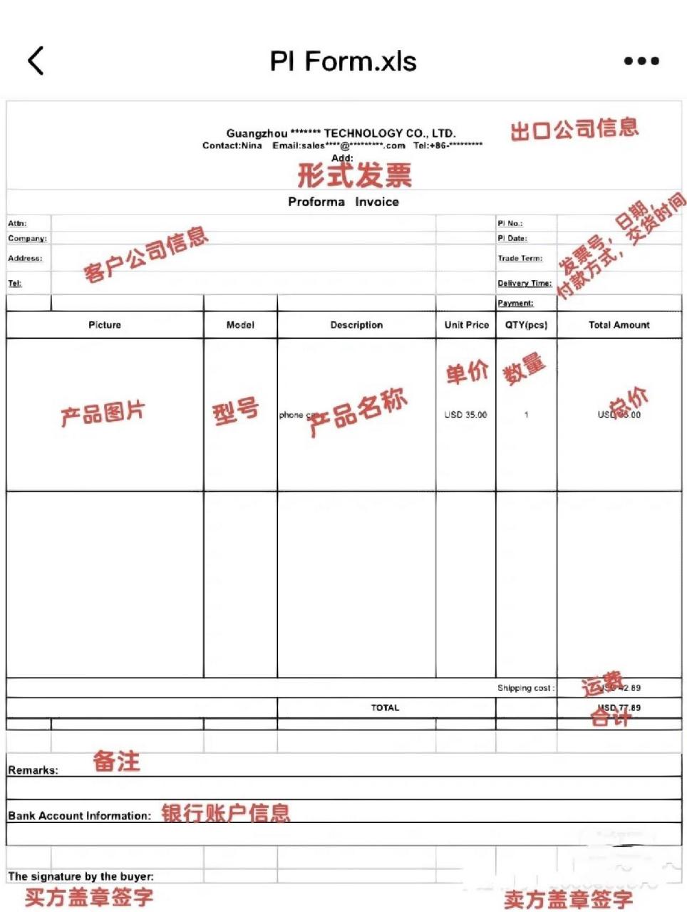 pi形式发票模板图片