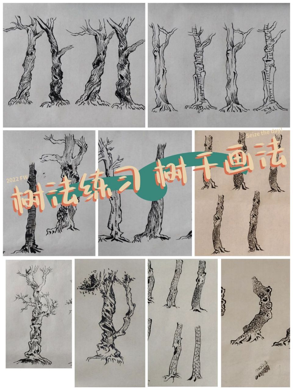 陆俨少课徒稿树法练习『树干画法』集合二 第二篇主要是树皮的皴法