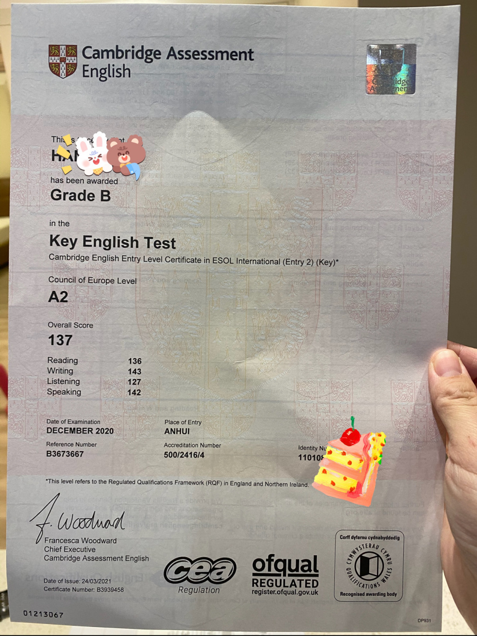 ket 证书来了 二年级上学期~2020年12月19号考的ket ,历经4个月终于在