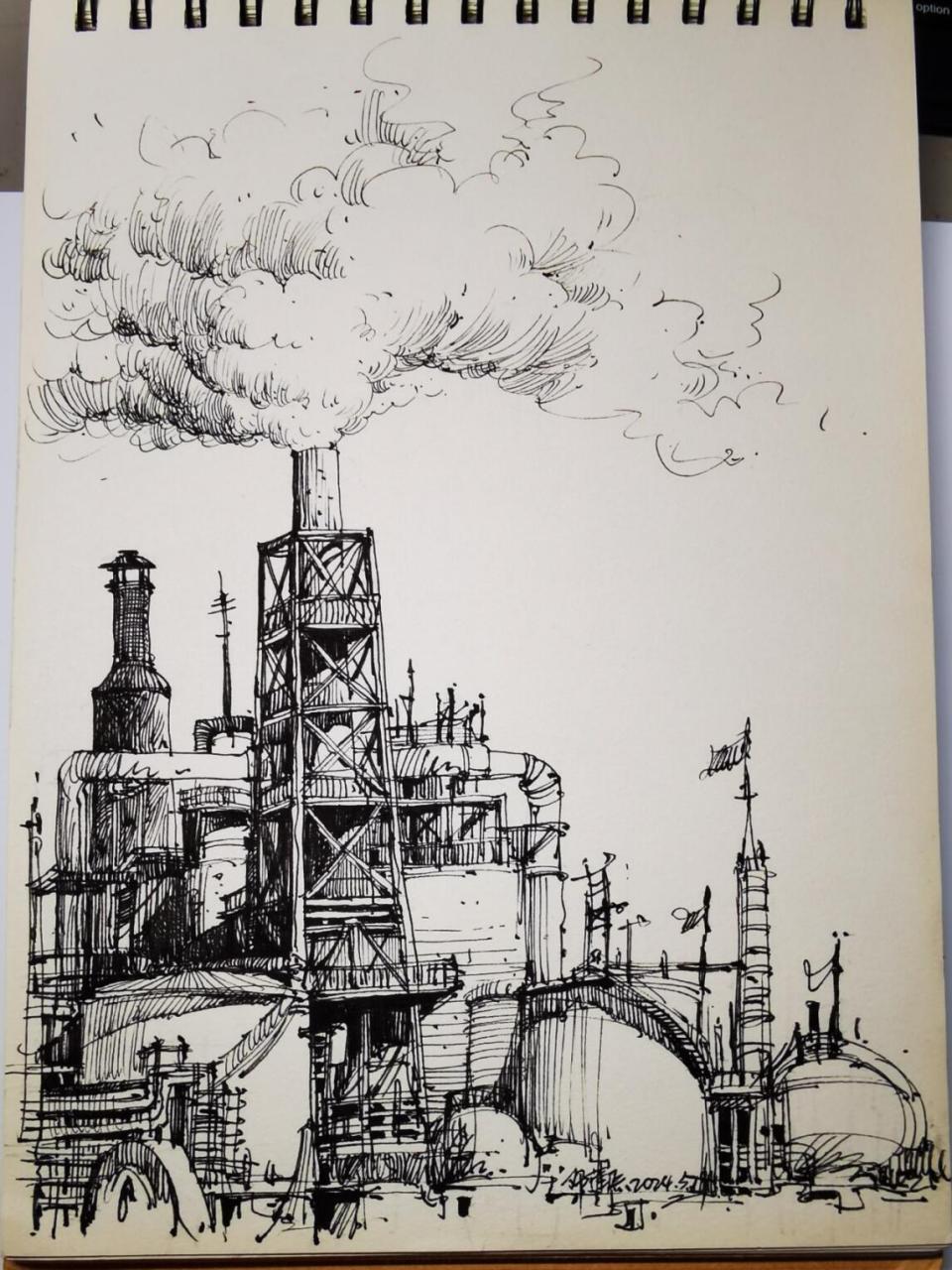 晚上来一张大烟囱,还比较容易入画 #钢笔速写# 