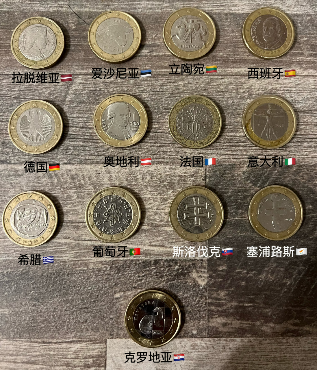 没有刻意收集的1欧硬币也有13个国家的了