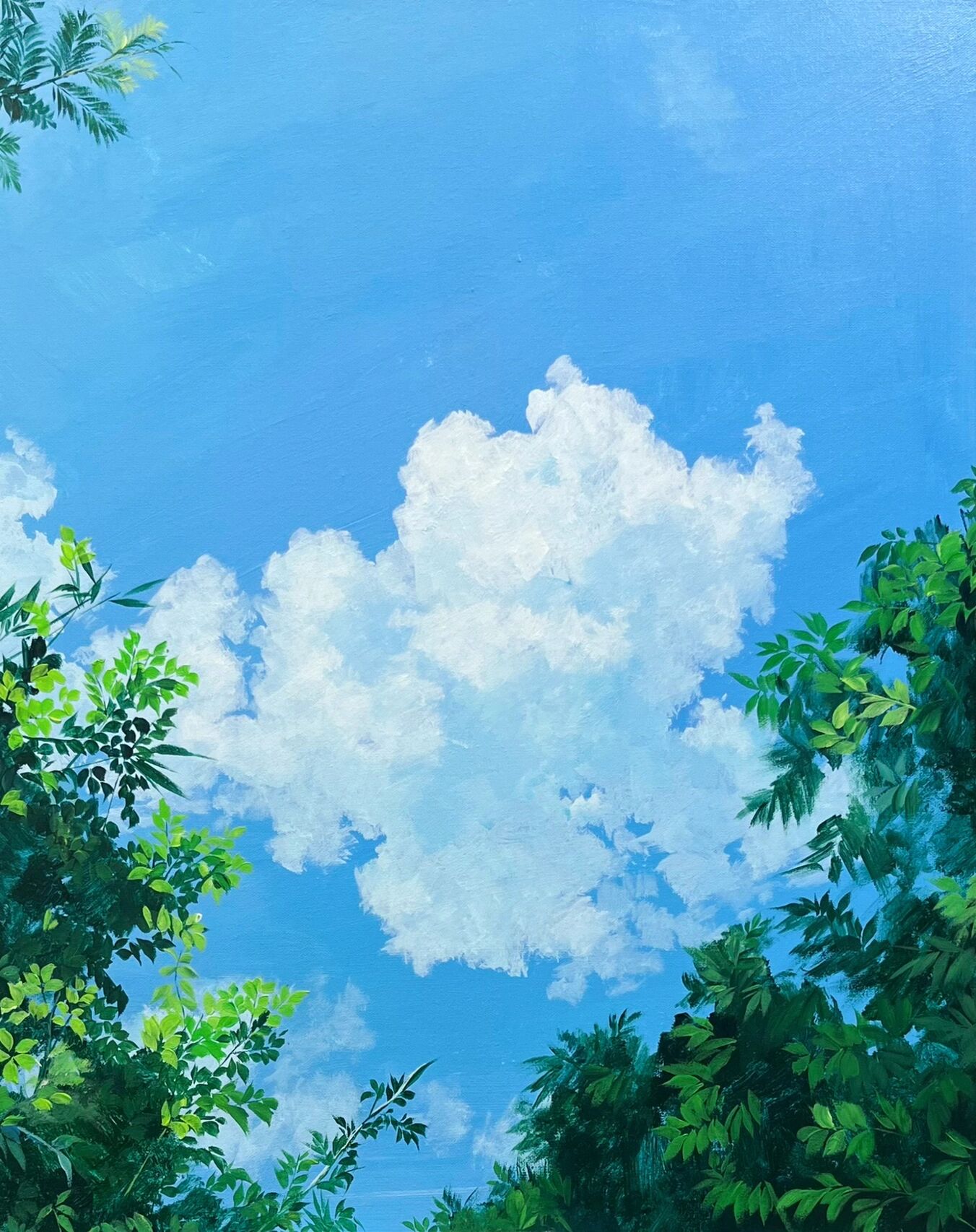 小清新风景画～蓝天白云与绿叶.